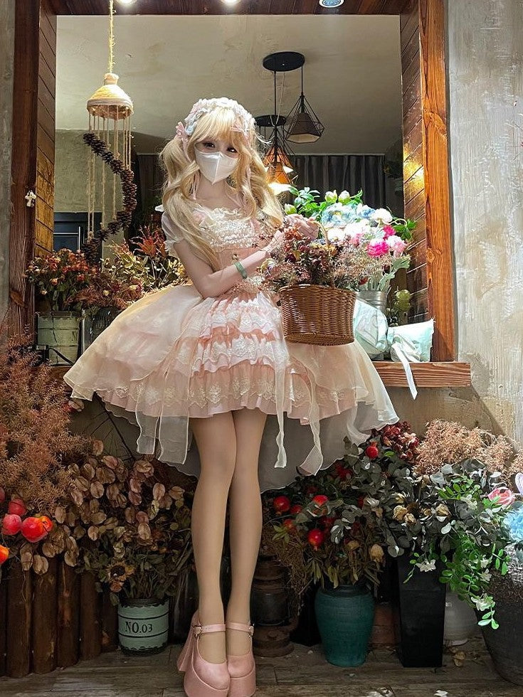 Jing Mu Rose Print Ballet Train Lolita Spaghetti Strap Women's Jsk / Jumper Skirts