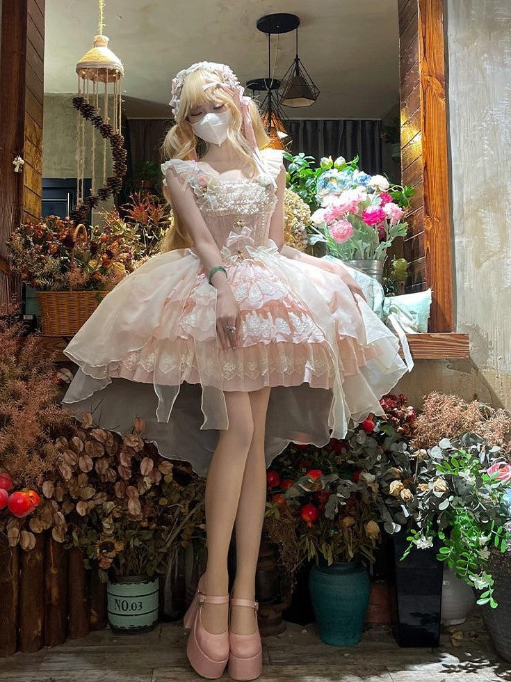 Jing Mu Rose Print Ballet Train Lolita Spaghetti Strap Women's Jsk / Jumper Skirts