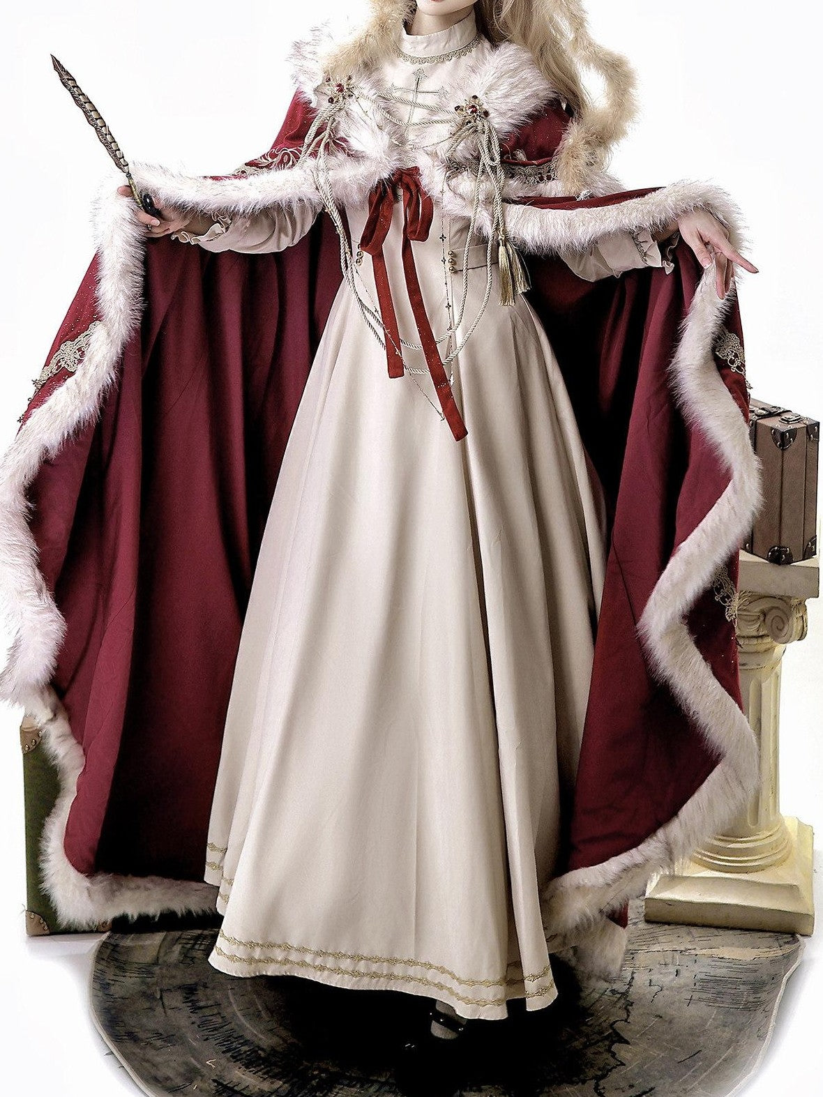 Jing Mu Royal Coronation Cape Stand Collar Flared Lolita Red Women's Op Sets