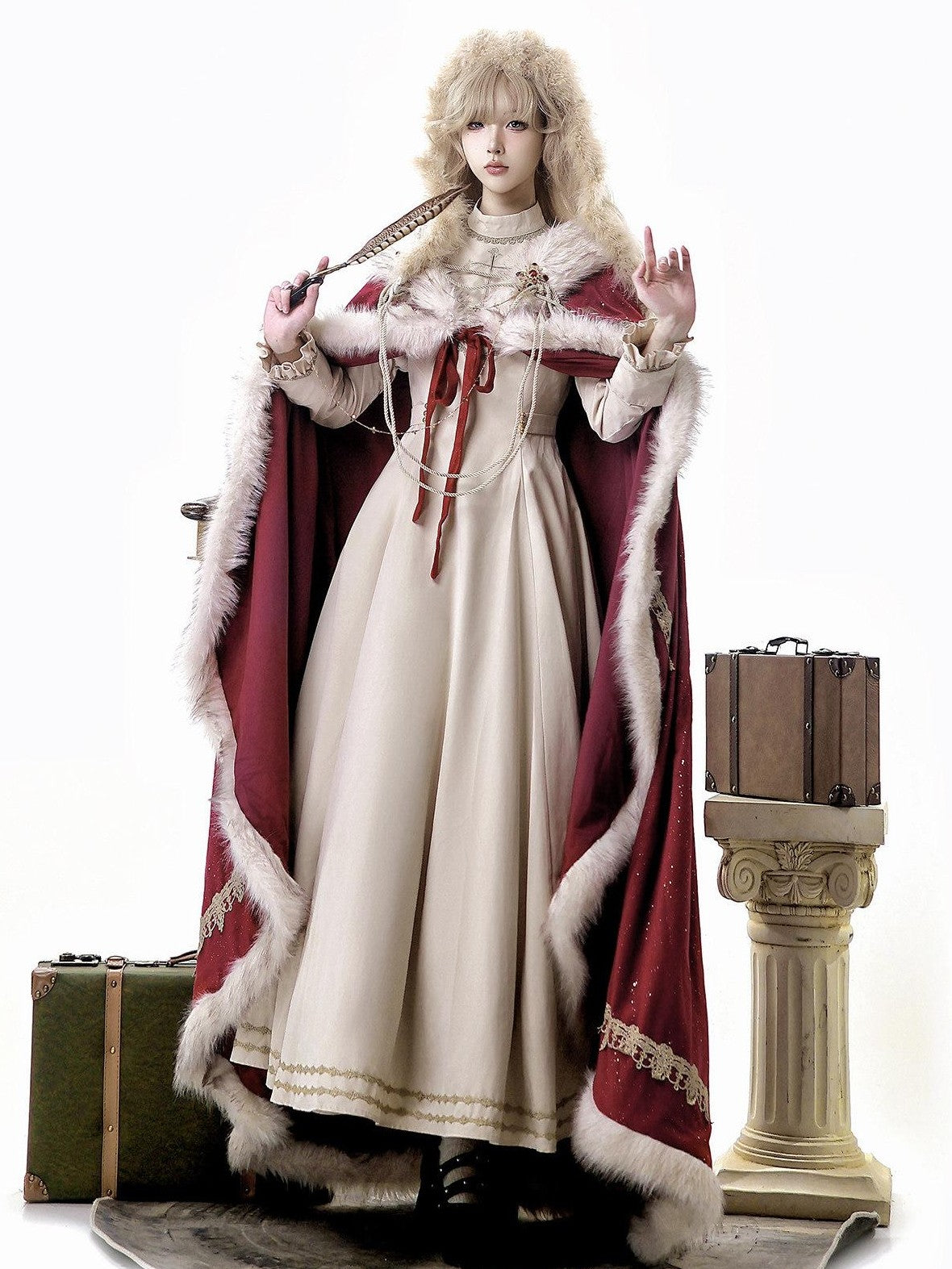 Jing Mu Royal Coronation Cape Stand Collar Flared Lolita Red Women's Op Sets