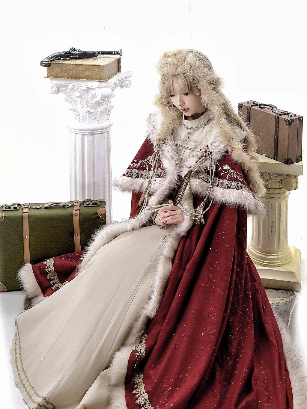 Jing Mu Royal Coronation Cape Stand Collar Flared Lolita Red Women's Op Sets