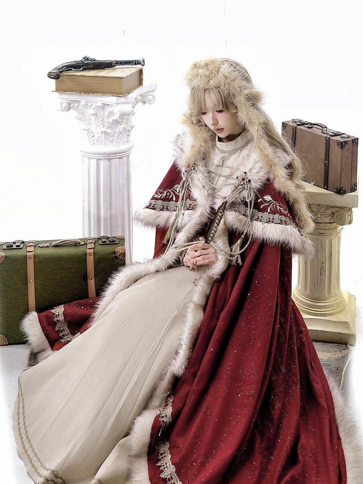 Jing Mu Royal Coronation Cape Stand Collar Flared Lolita Red Women's Op Sets