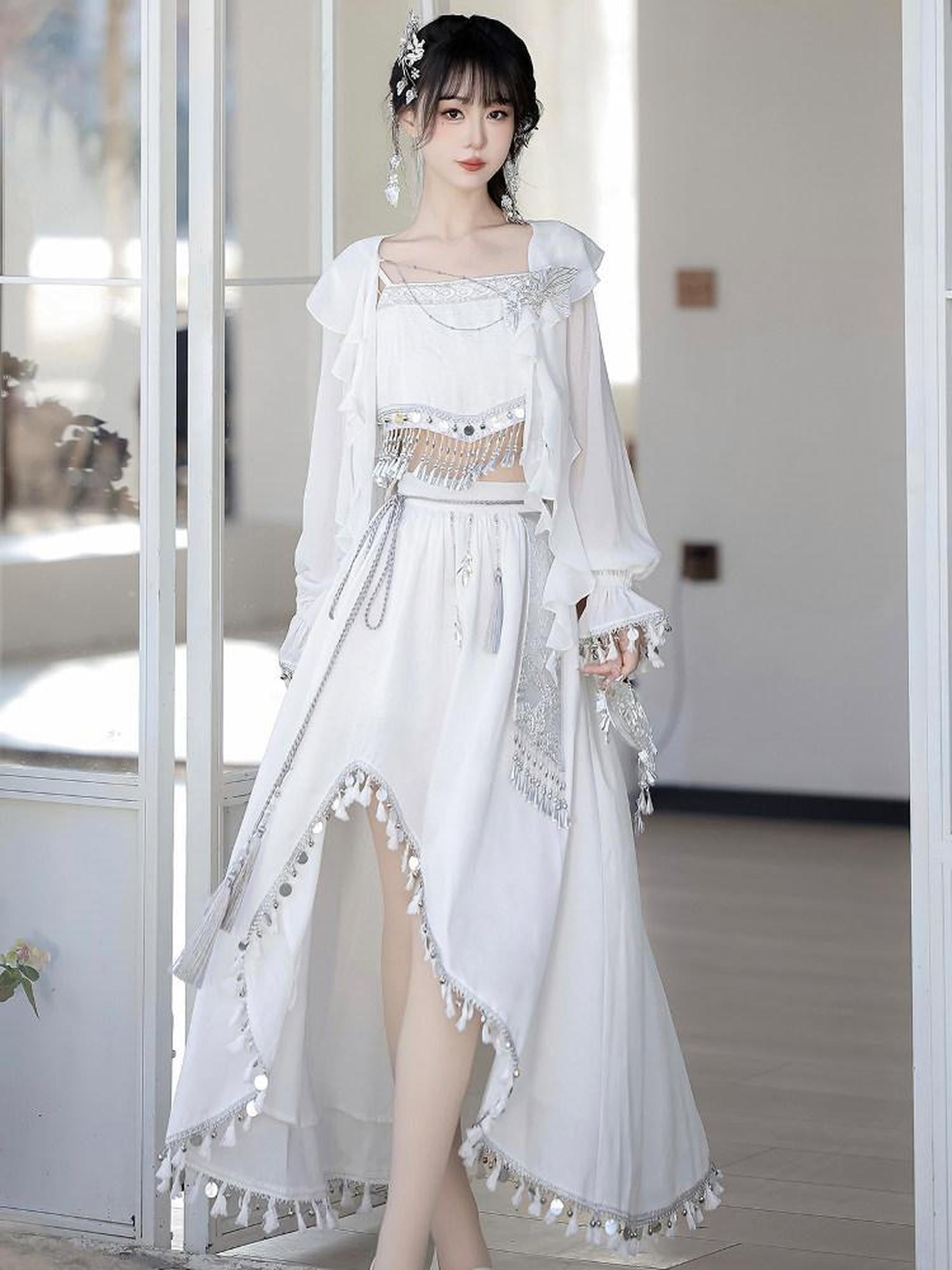Jing Mu Silver Lolita Ethnic Han Inspired Modified Hanfu Women's Polyester Skirt Sets