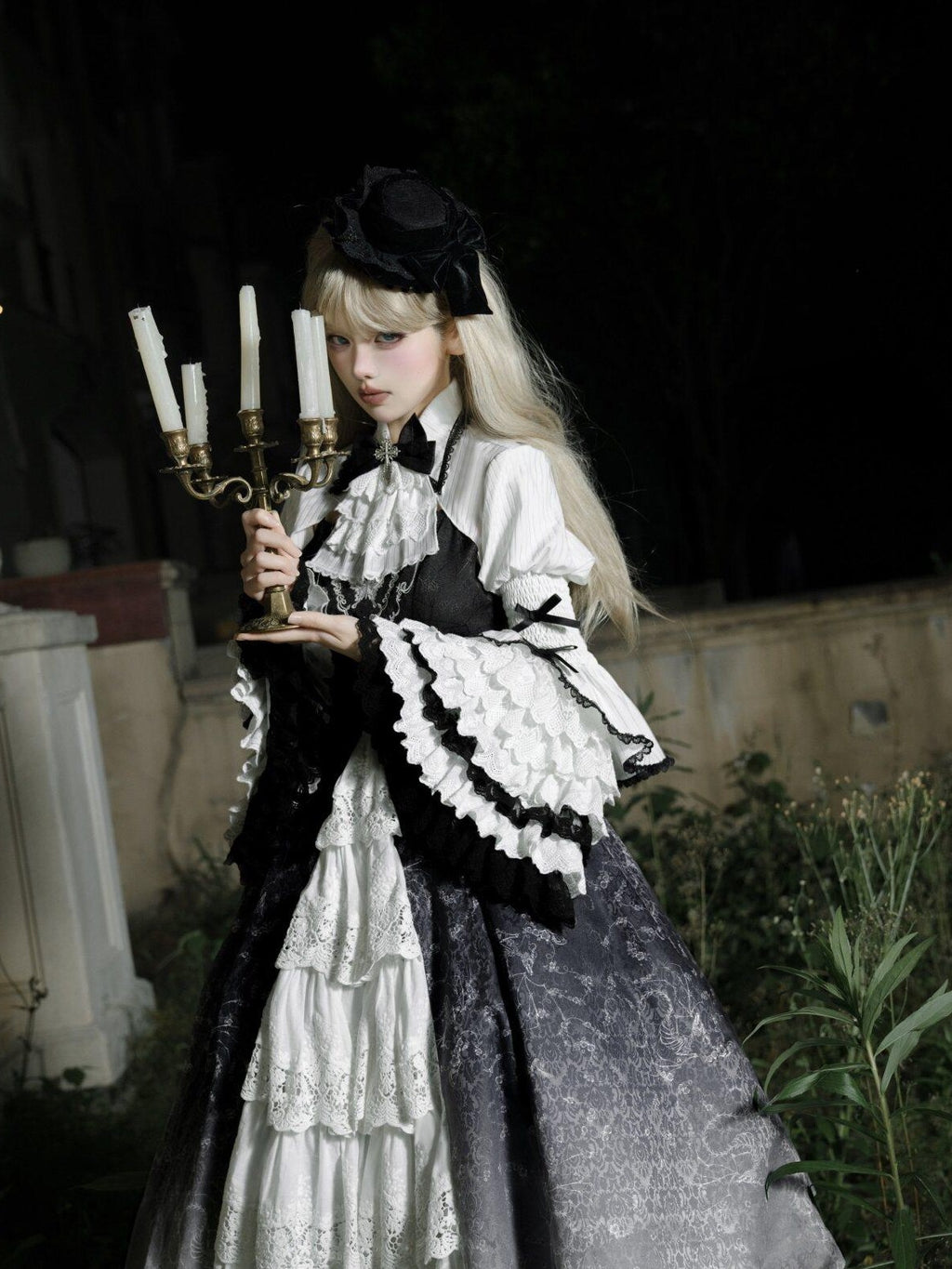Jing Mu Skull Gothic Court Vintage Lolita Bell Sleeve Blouse Women's Jsk Sets