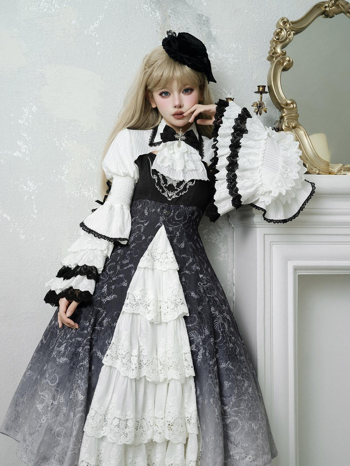 Jing Mu Skull Gothic Court Vintage Lolita Bell Sleeve Blouse Women's Jsk Sets