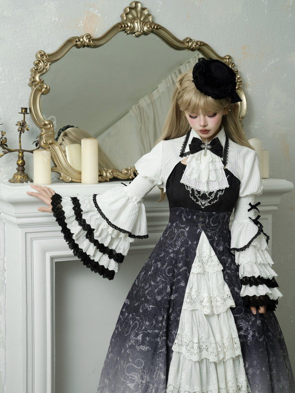 Jing Mu Skull Gothic Court Vintage Lolita Bell Sleeve Blouse Women's Jsk Sets