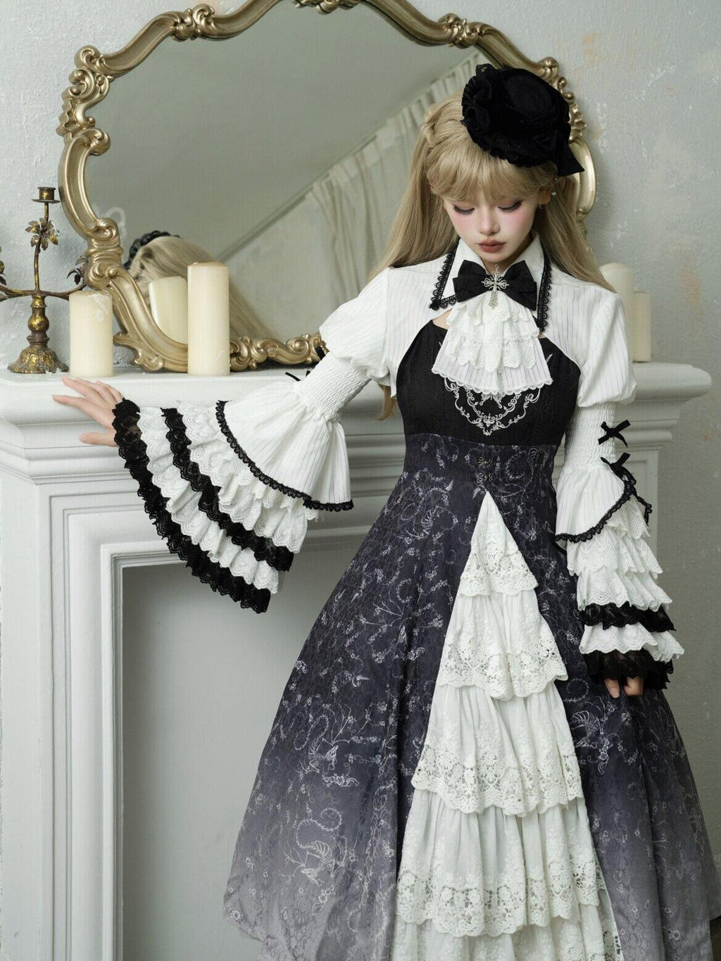 Jing Mu Skull Gothic Court Vintage Lolita Bell Sleeve Blouse Women's Jsk Sets