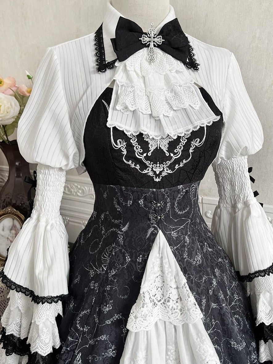 Jing Mu Skull Gothic Court Vintage Lolita Bell Sleeve Blouse Women's Jsk Sets