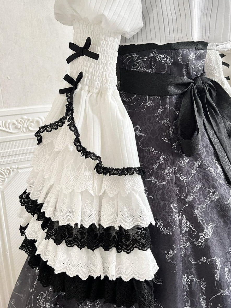 Jing Mu Skull Gothic Court Vintage Lolita Bell Sleeve Blouse Women's Jsk Sets