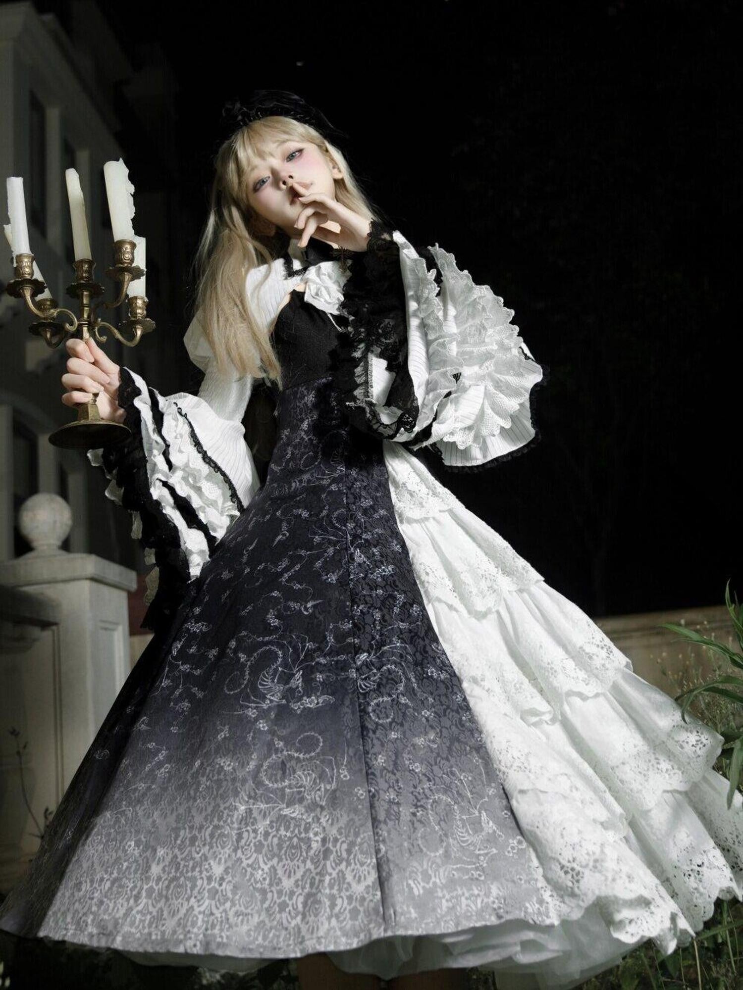 Jing Mu Skull Gothic Court Vintage Lolita Bell Sleeve Blouse Women's Jsk Sets