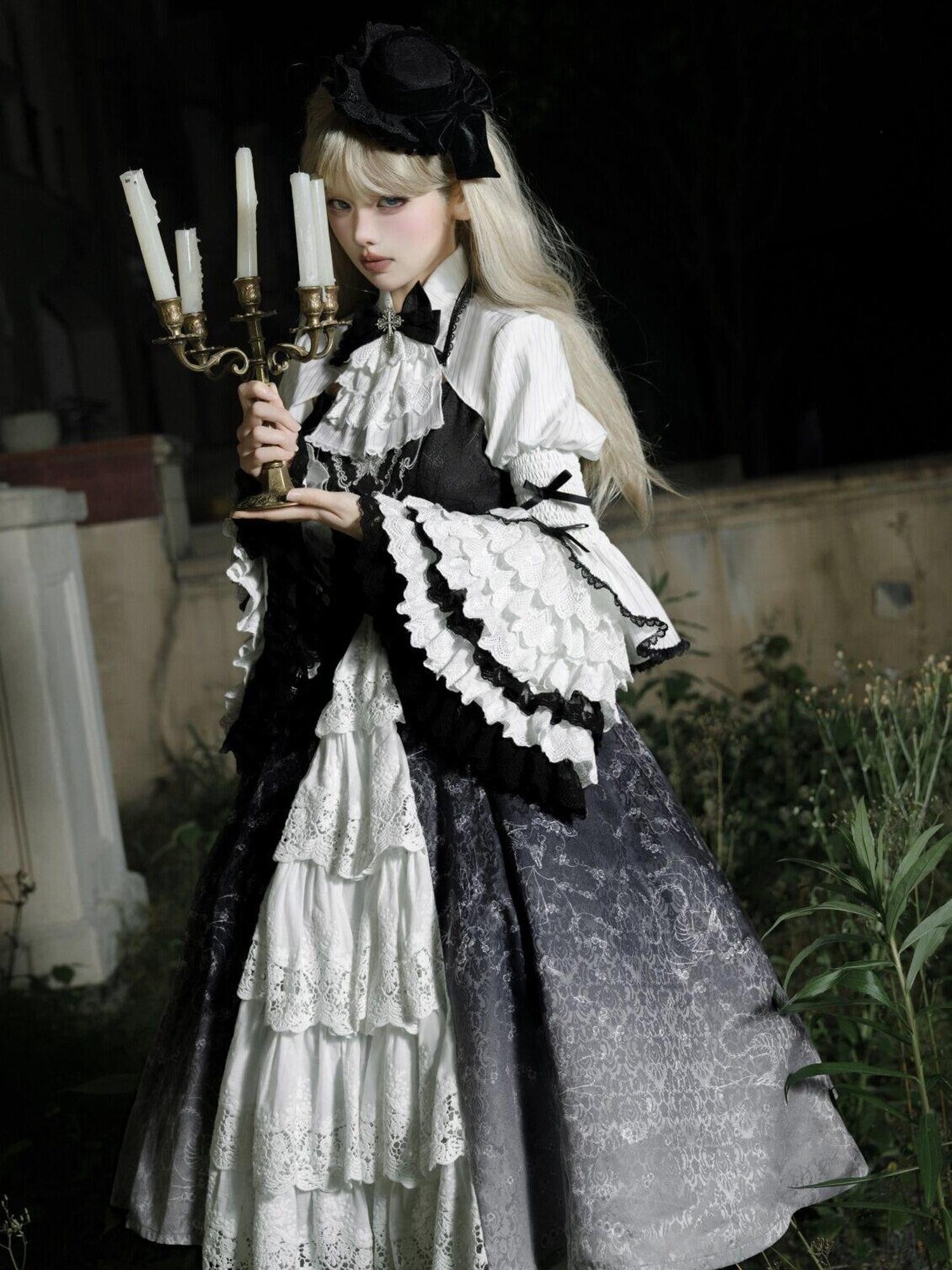 Jing Mu Skull Gothic Court Vintage Lolita Bell Sleeve Blouse Women's Jsk Sets
