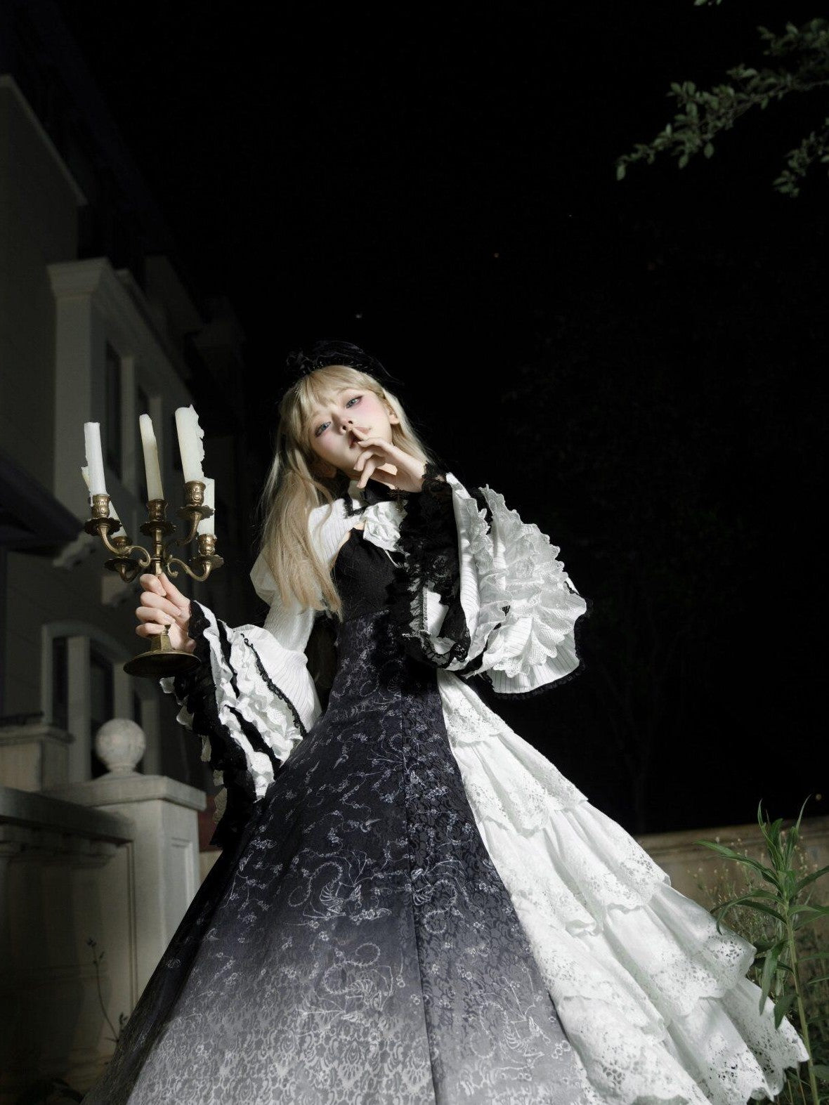 Jing Mu Skull Gothic Court Vintage Lolita Bell Sleeve Blouse Women's Jsk Sets