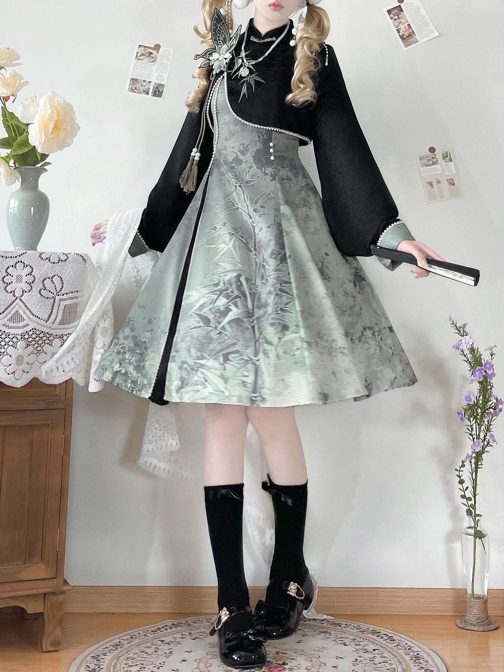 Jing Mu Smoky Bamboo Print Modified Qipao Lolita Stand Collar Women's Long Sleeve Op
