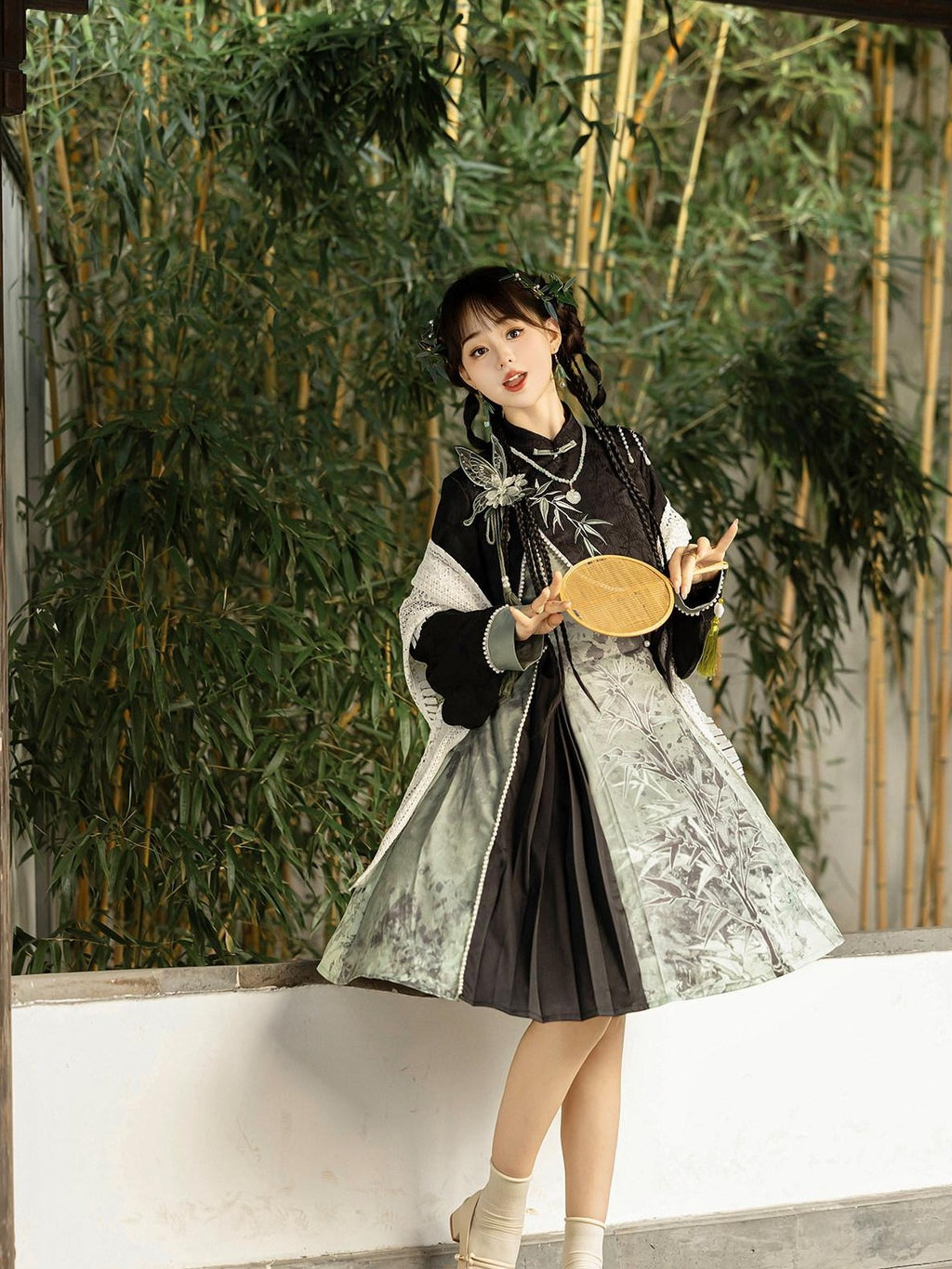 Jing Mu Smoky Bamboo Print Modified Qipao Lolita Stand Collar Women's Long Sleeve Op