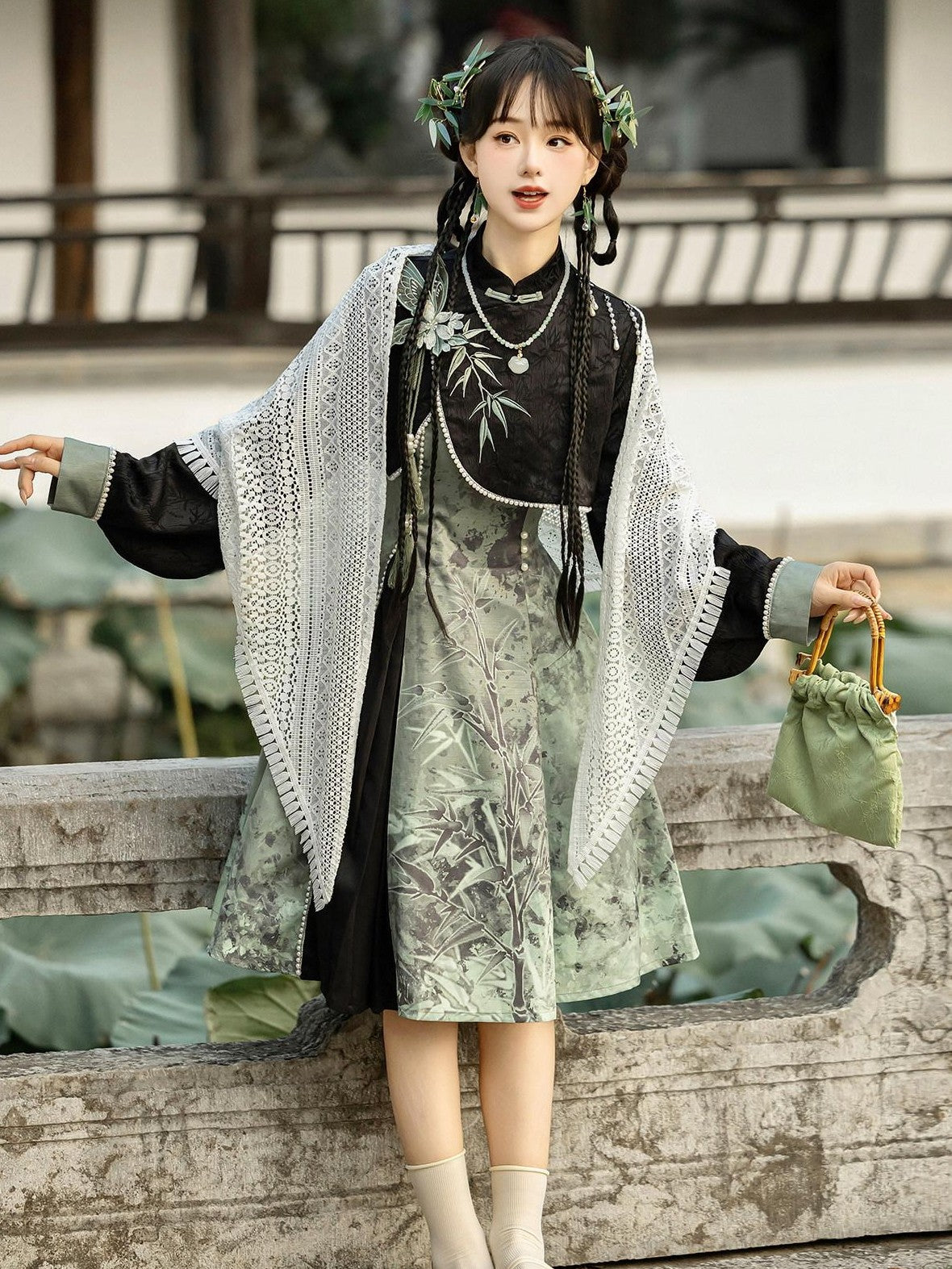 Jing Mu Smoky Bamboo Print Modified Qipao Lolita Stand Collar Women's Long Sleeve Op