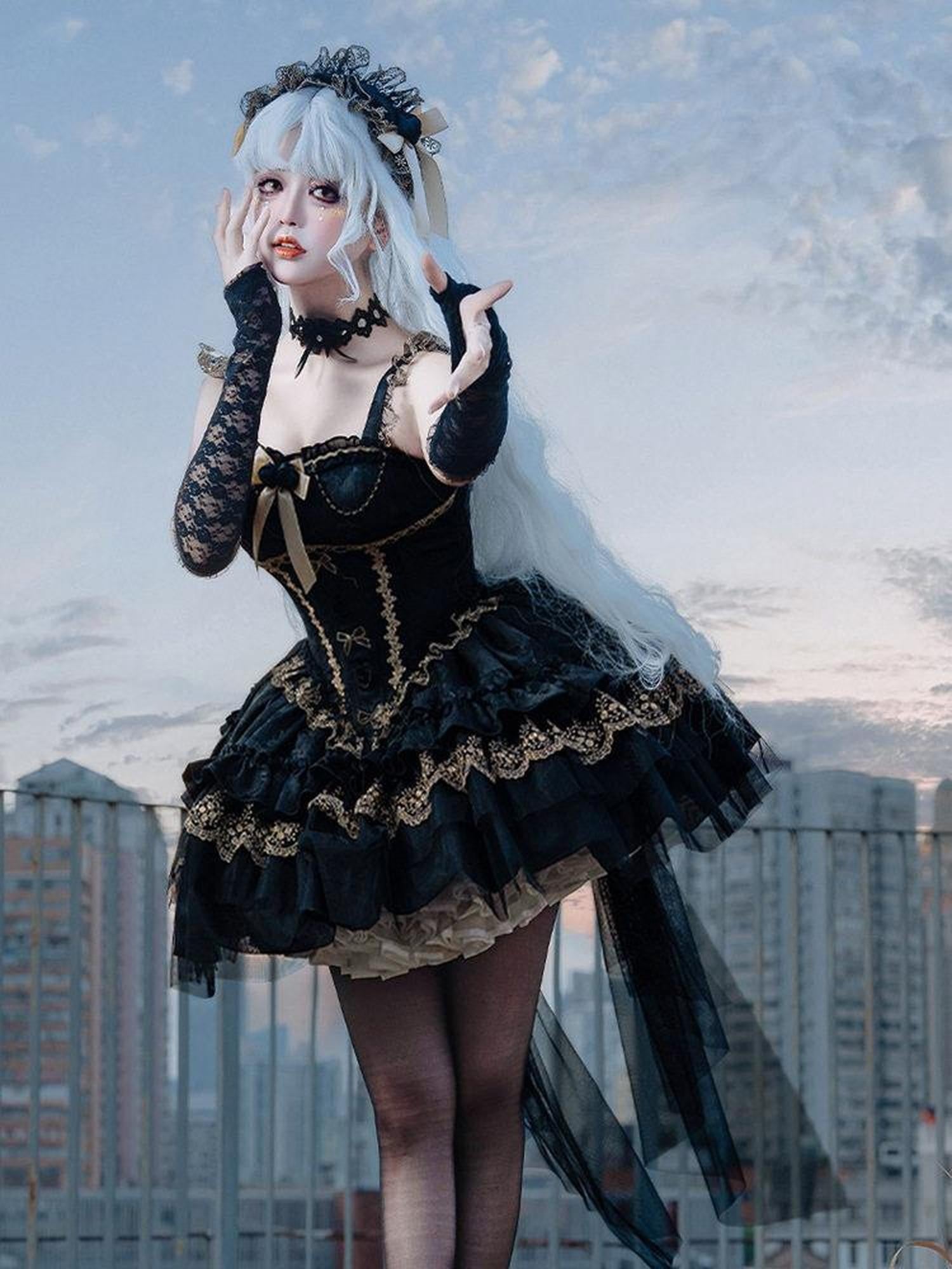 Jing Mu Square Neck Puff Skirt Front Ornament Back Bow Tail Women's Jsk / Jumper Skirts