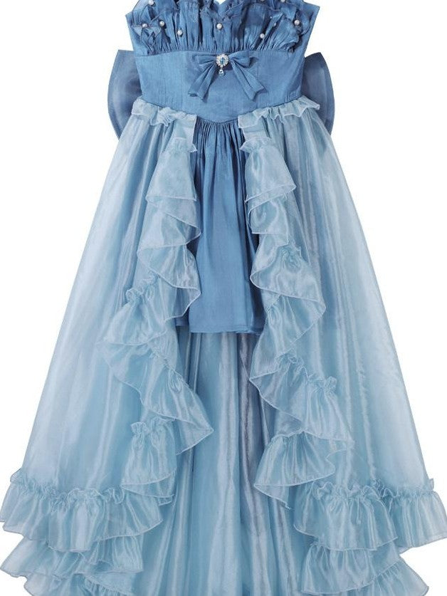 Jing Mu Starry Sparkle Blue Square Neck Puff Ribbon Sleeve Women's Jsk / Jumper Skirts