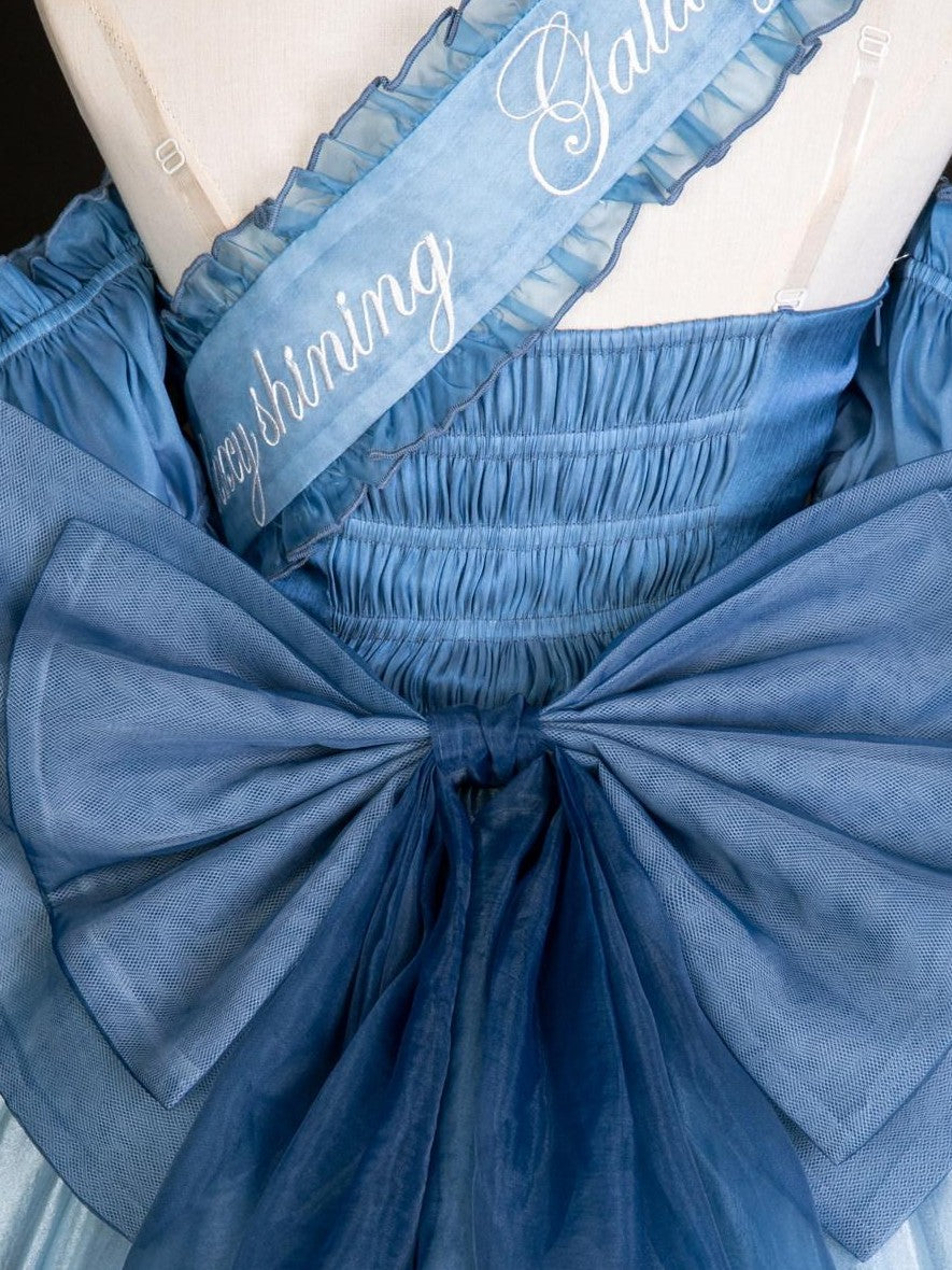 Jing Mu Starry Sparkle Blue Square Neck Puff Ribbon Sleeve Women's Jsk / Jumper Skirts