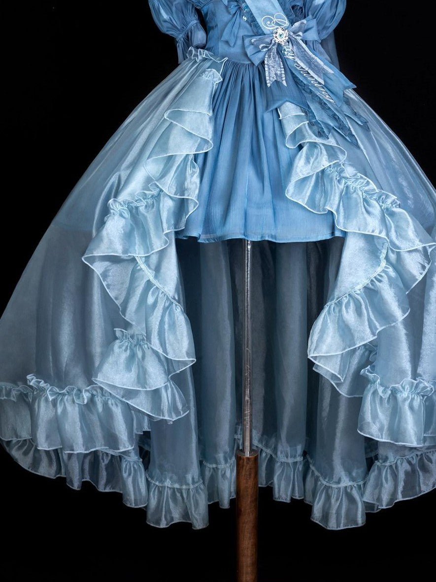 Jing Mu Starry Sparkle Blue Square Neck Puff Ribbon Sleeve Women's Jsk / Jumper Skirts