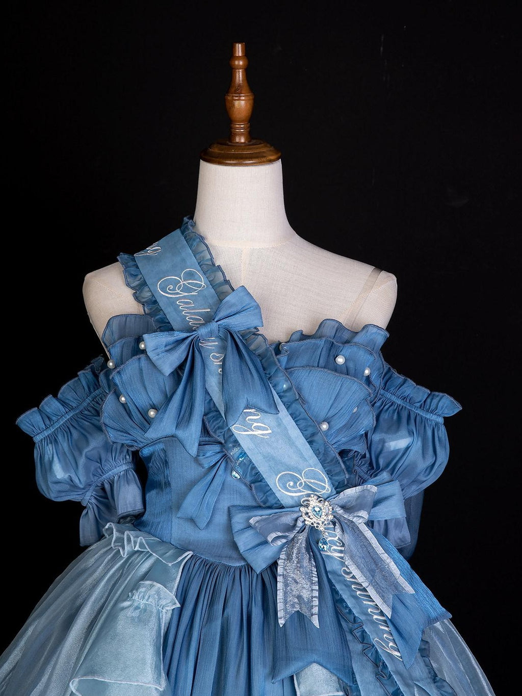 Jing Mu Starry Sparkle Blue Square Neck Puff Ribbon Sleeve Women's Jsk / Jumper Skirts