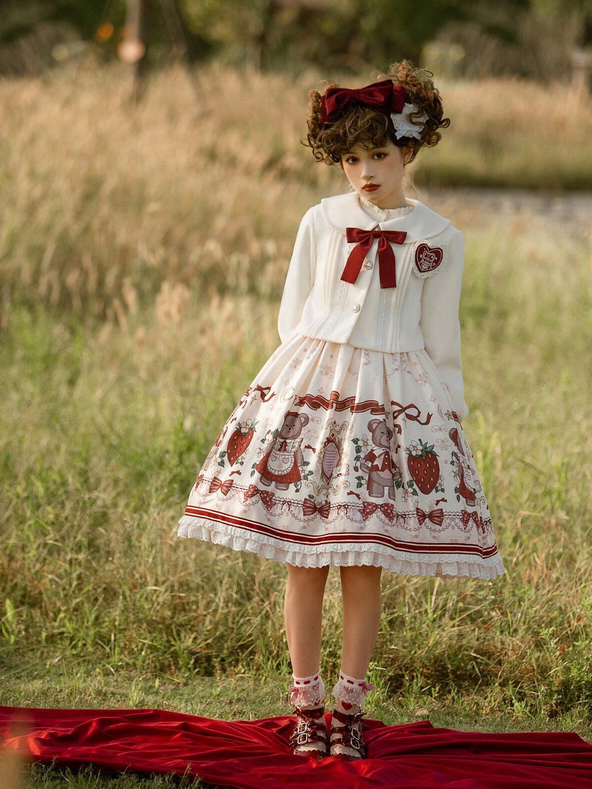 Jing Mu Strawberry Print High Waist Aline Lolita Women's Polyester Jsk / Jumper Skirts