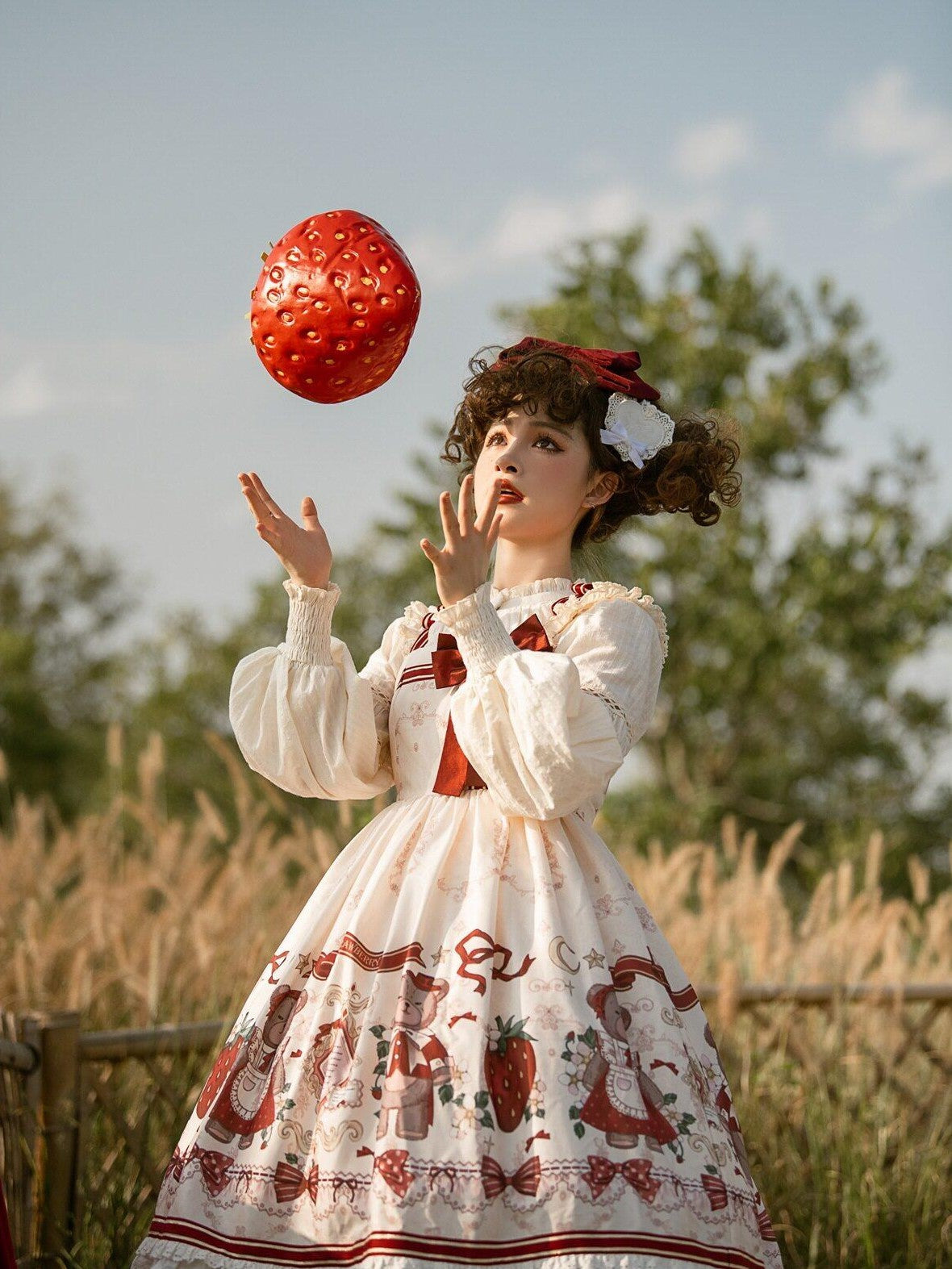 Jing Mu Strawberry Print High Waist Aline Lolita Women's Polyester Jsk / Jumper Skirts