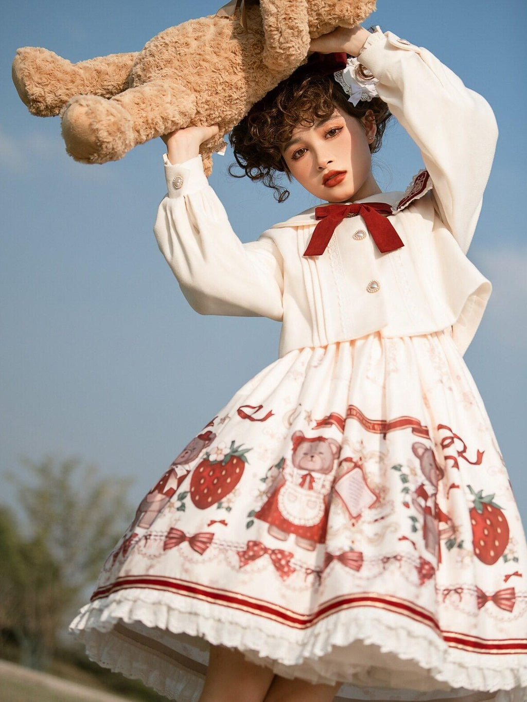Jing Mu Strawberry Print High Waist Aline Lolita Women's Polyester Jsk / Jumper Skirts