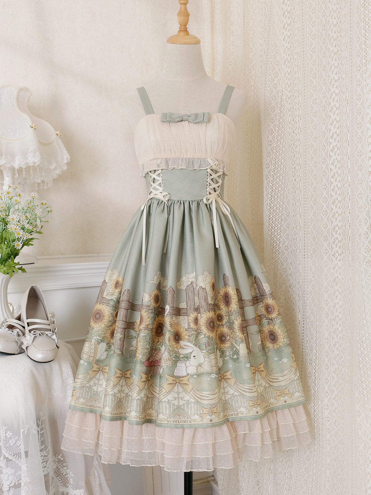 Jing_Mu_Sunflower_Print_Square_Neck_Lolita_Mesh_Overlay_Women's_Short_Sleeve_Op_666528074354_MISSTT