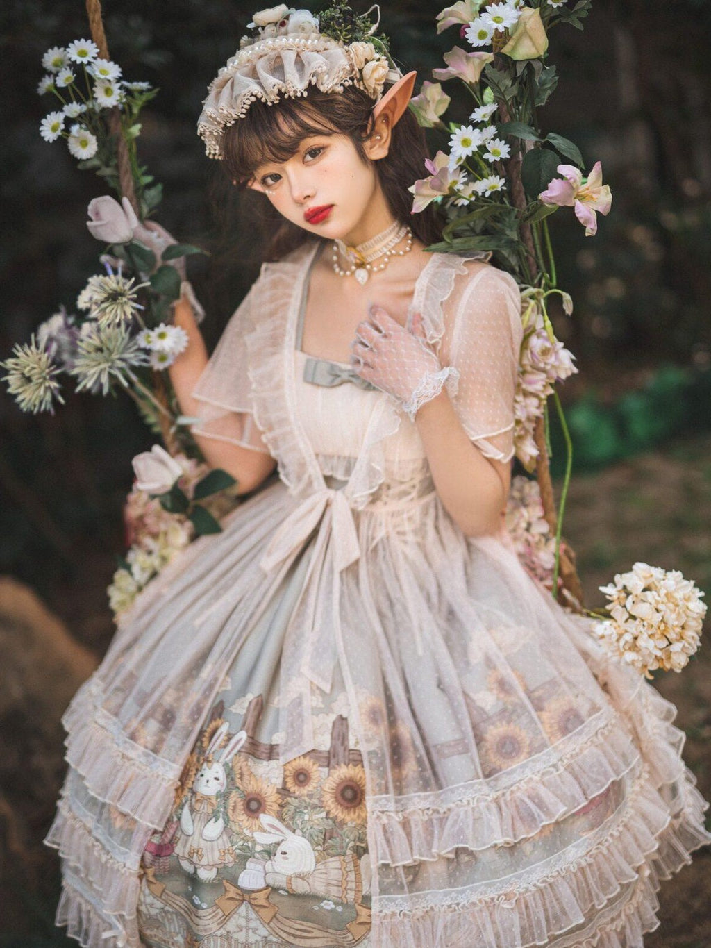 Jing Mu Sunflower Print Square Neck Lolita Mesh Overlay Women's Short Sleeve Op