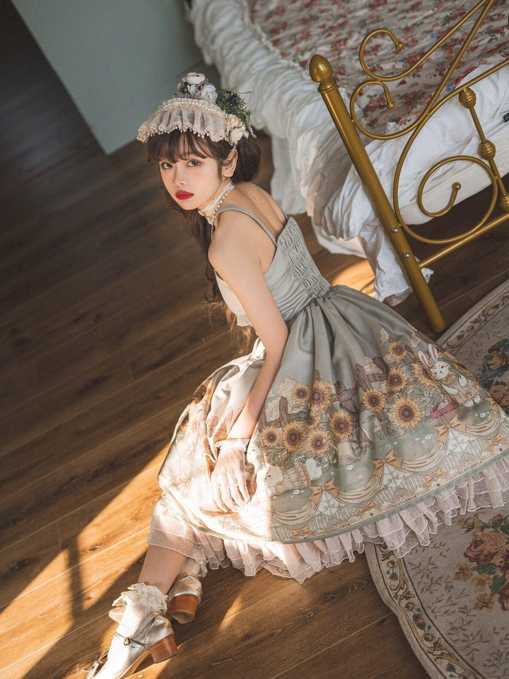 Jing Mu Sunflower Print Square Neck Lolita Mesh Overlay Women's Short Sleeve Op