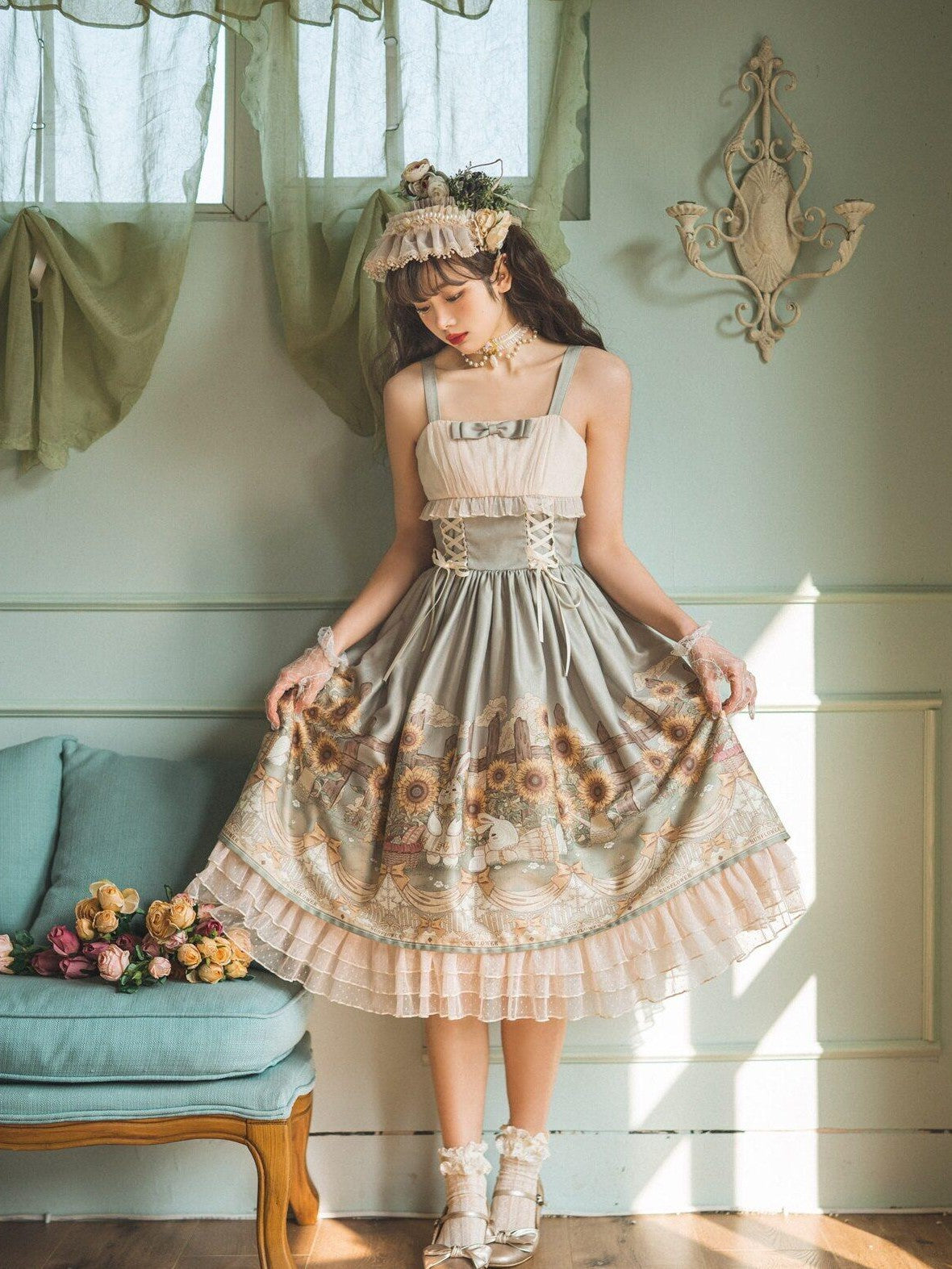 Jing Mu Sunflower Print Square Neck Lolita Mesh Overlay Women's Short Sleeve Op