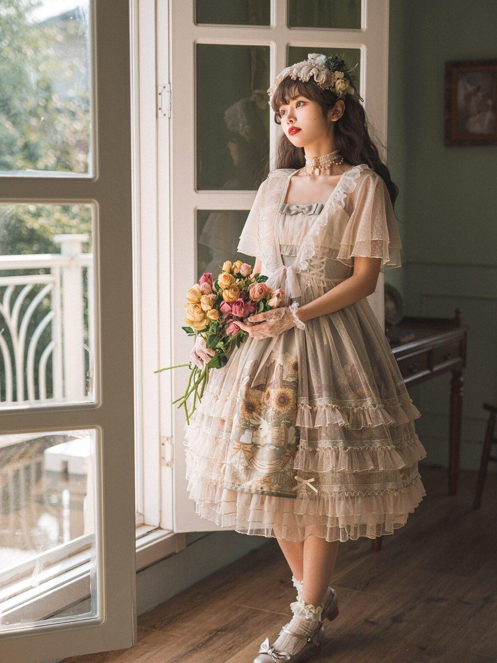 Jing Mu Sunflower Print Square Neck Lolita Mesh Overlay Women's Short Sleeve Op