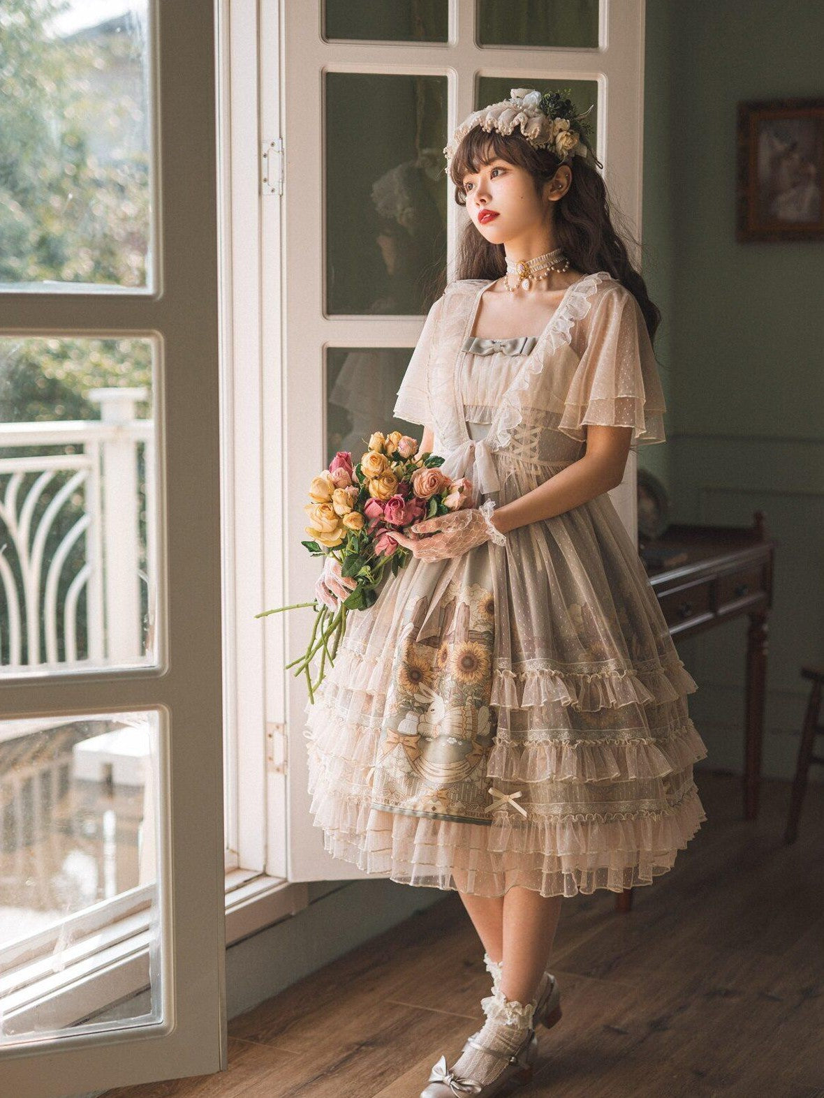 Jing Mu Sunflower Print Square Neck Lolita Mesh Overlay Women's Short Sleeve Op