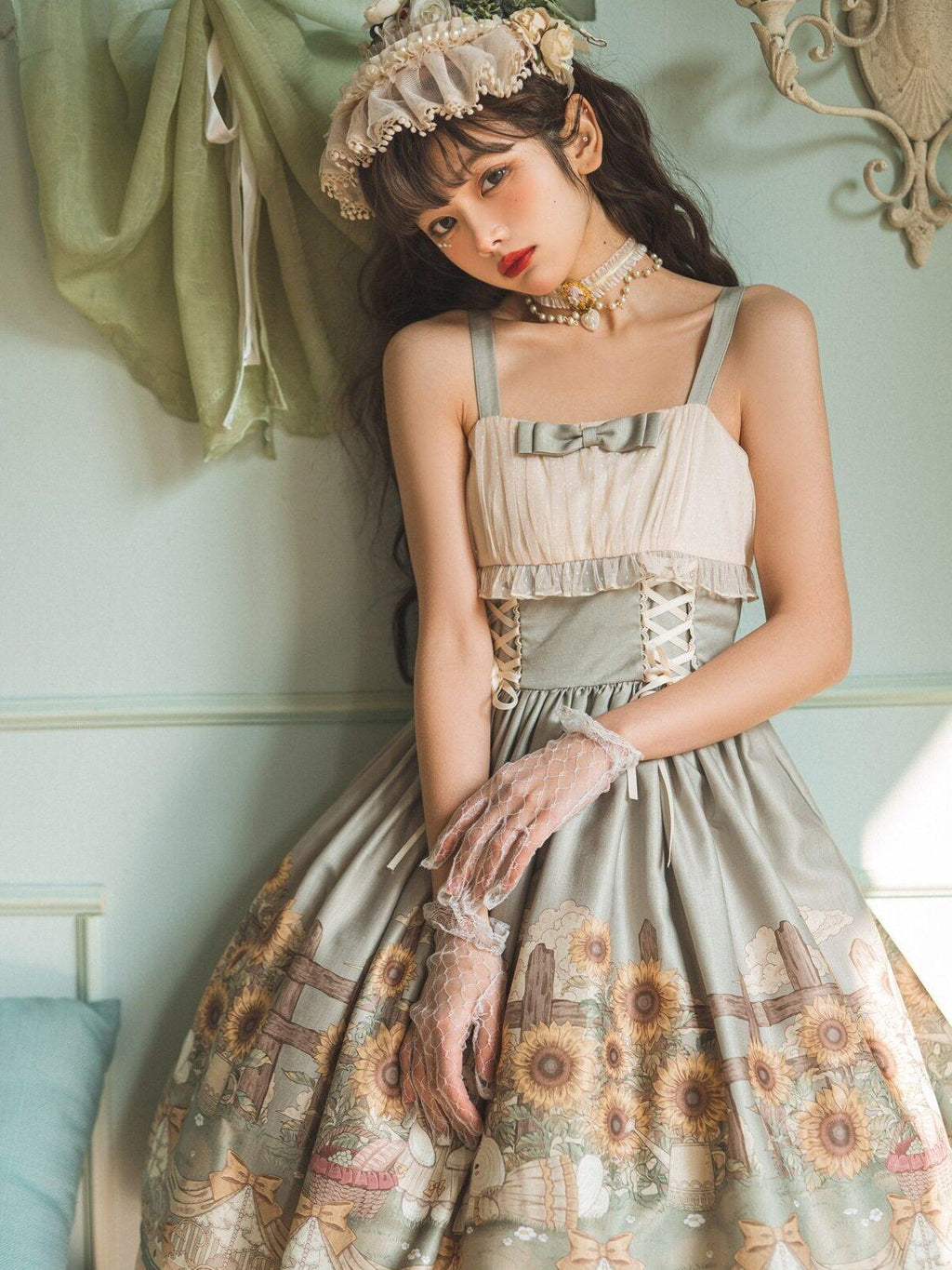 Jing Mu Sunflower Print Square Neck Lolita Mesh Overlay Women's Short Sleeve Op