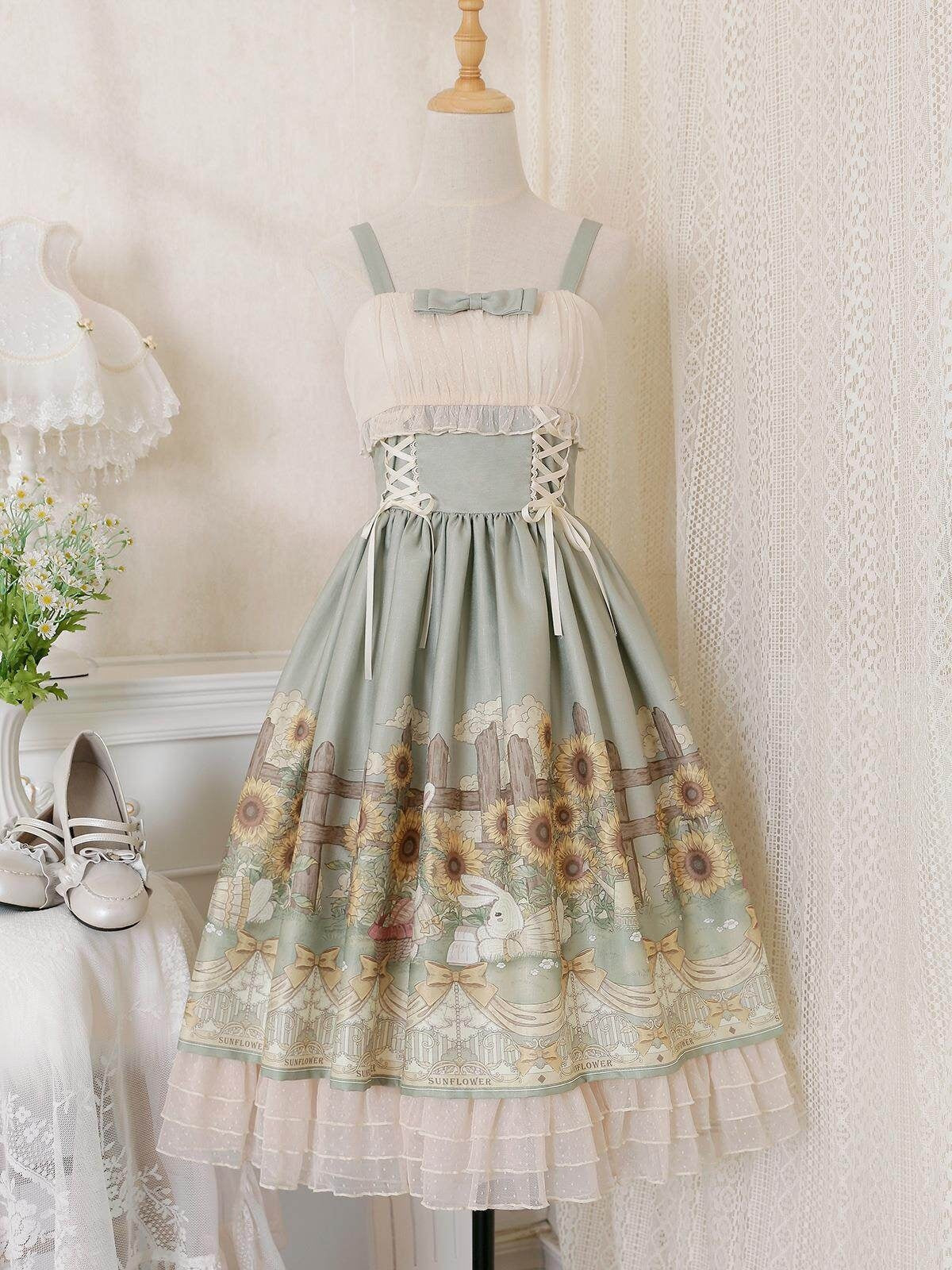 Jing_Mu_Sunflower_Print_Square_Neck_Two_Piece_Women's_Tulle_Jsk_/_Jumper_Skirts_717504144094_MISSTT