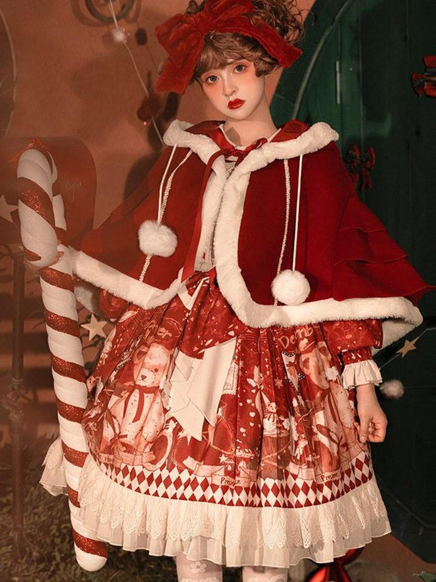Jing Mu Sweet Red Doll Collar Short Lolita Two Piece Women's Capelets