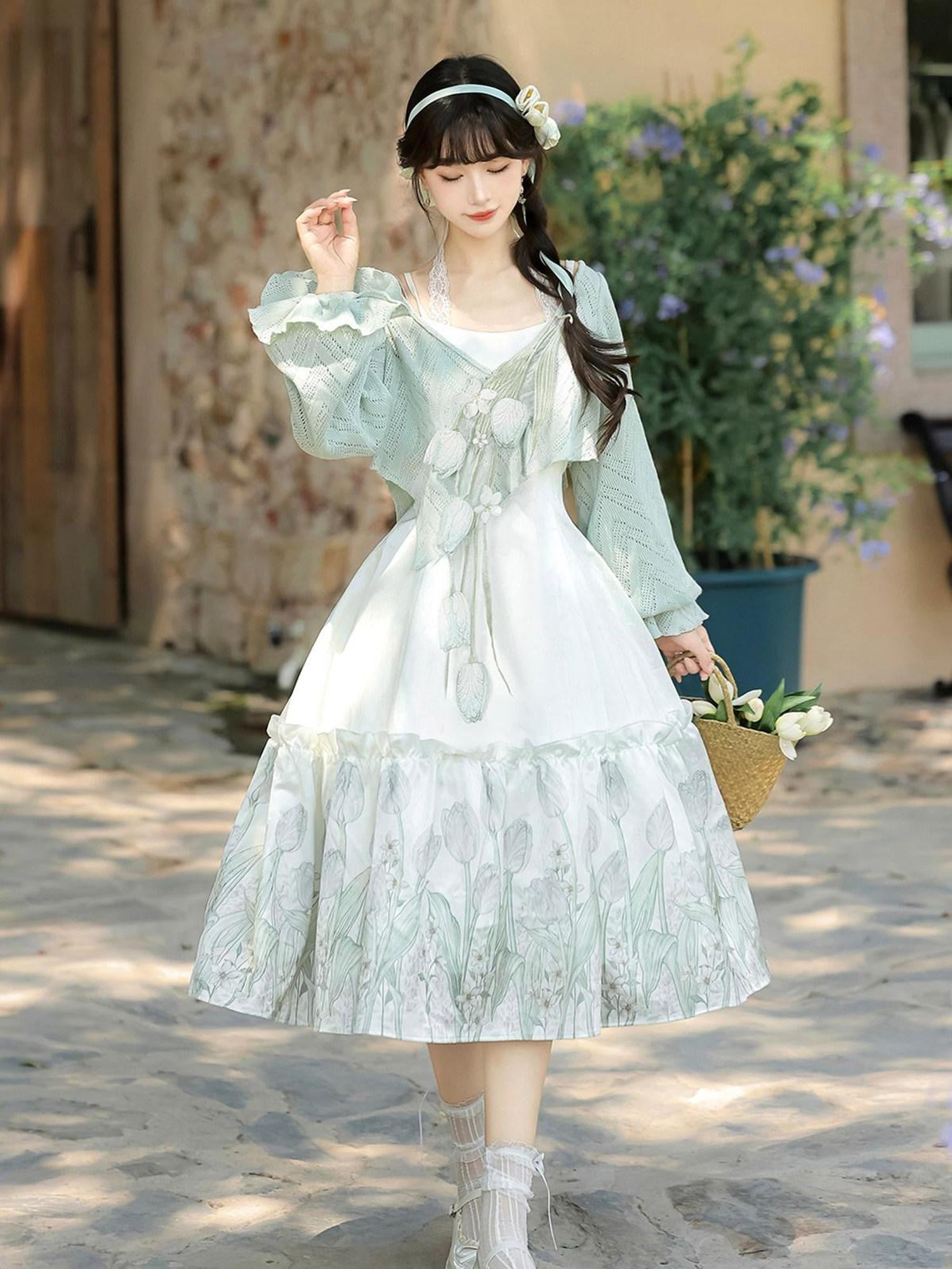 Jing Mu Tulip Chinese Lolita Square Neck Pinafore Flared Green Women's Jsk Sets