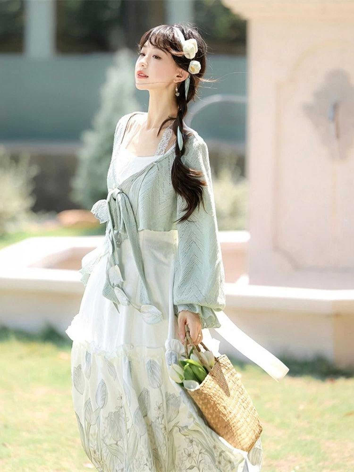 Jing Mu Tulip Chinese Lolita Square Neck Pinafore Flared Green Women's Jsk Sets