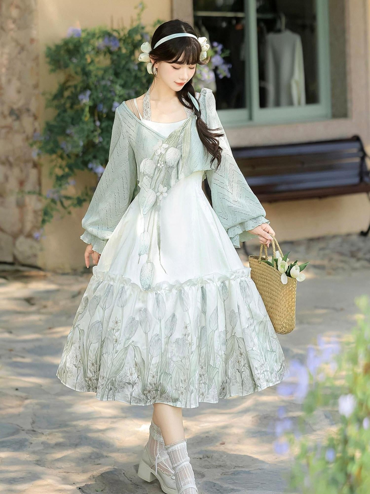 Jing Mu Tulip Chinese Lolita Square Neck Pinafore Flared Green Women's Jsk Sets