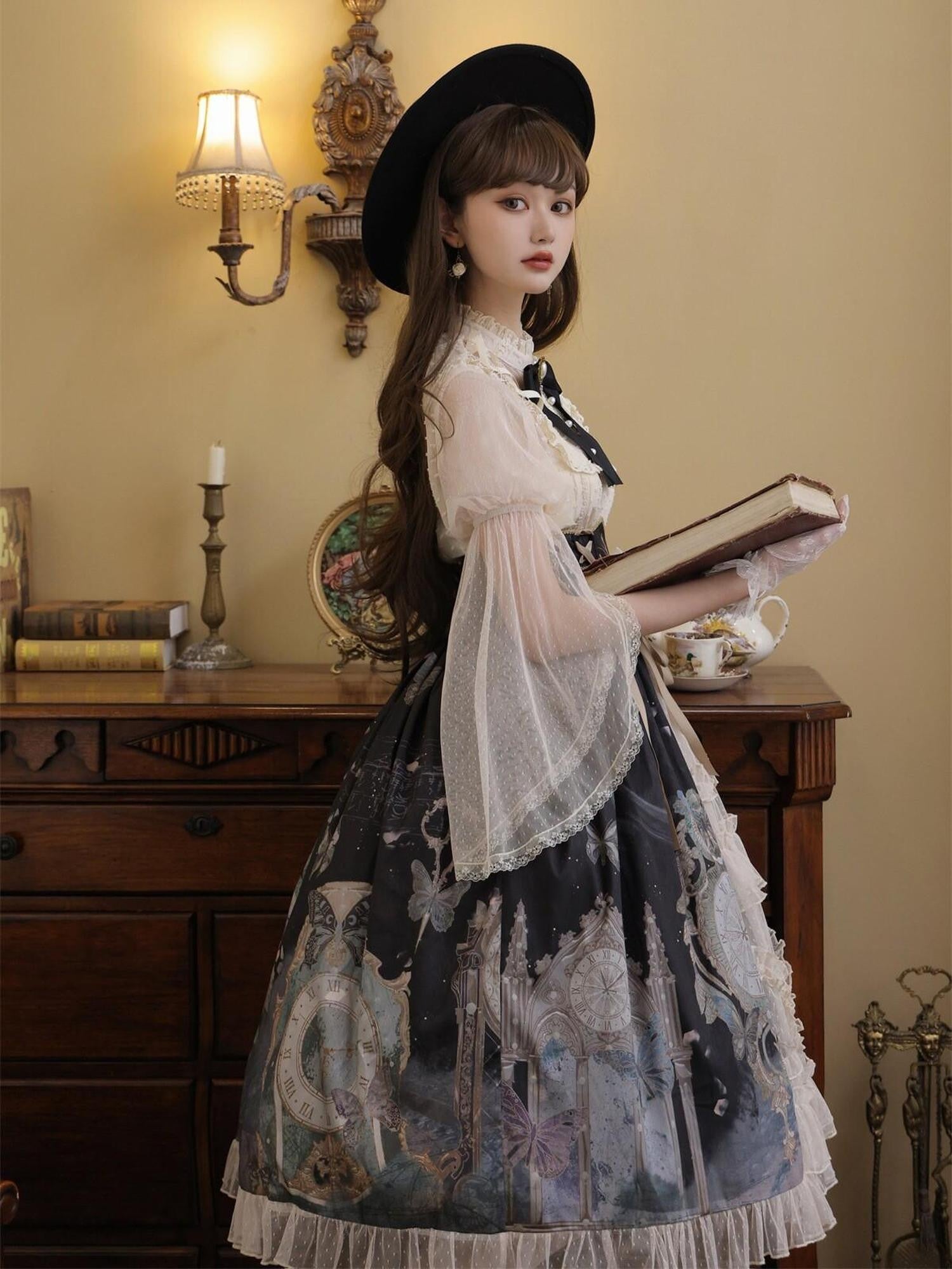 Jing Mu Victorian Butterfly Clock Print Lolita Stand Collar Women's Skirt Sets