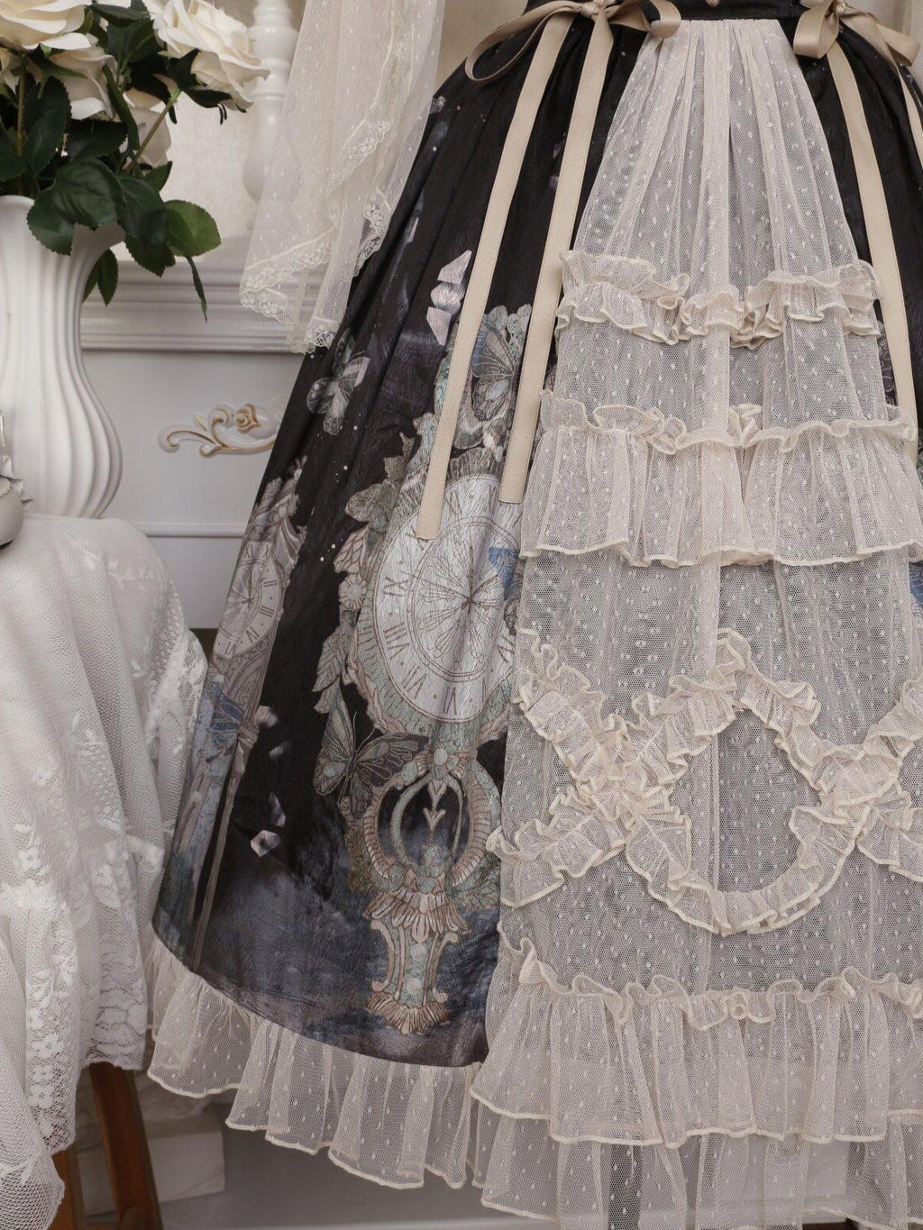 Jing Mu Victorian Butterfly Clock Print Lolita Stand Collar Women's Skirt Sets