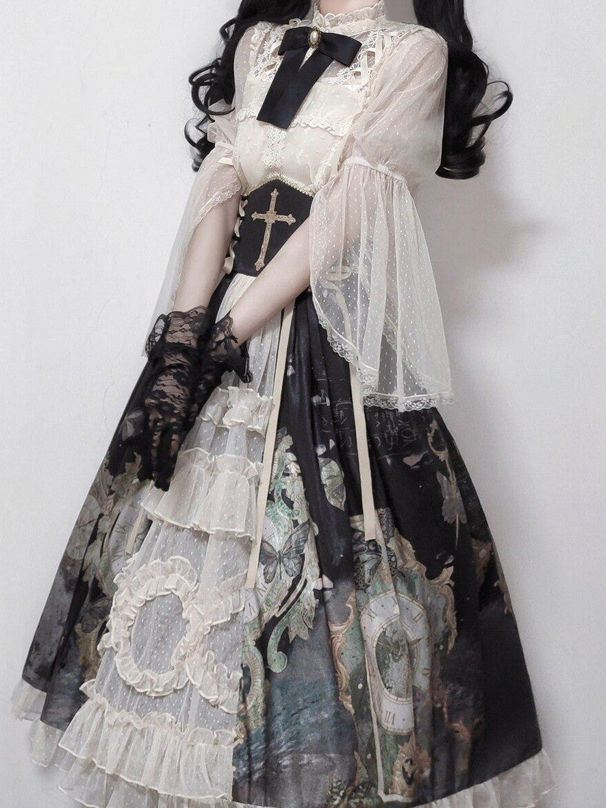 Jing Mu Victorian Butterfly Clock Print Lolita Stand Collar Women's Skirt Sets