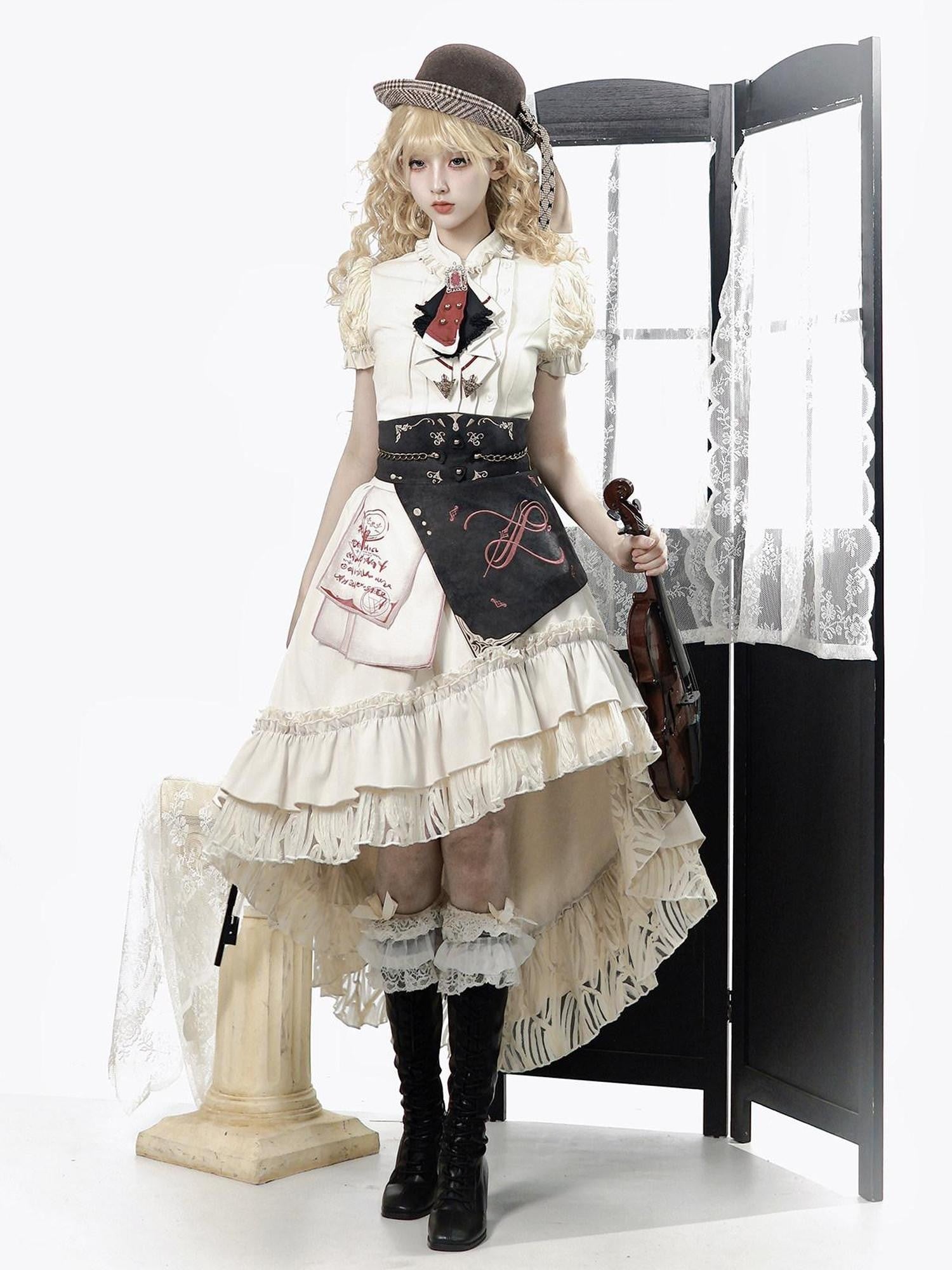 Jing Mu Victorian Gothic Lolita Lapel A Line Waist Corset Women's Skirt Sets