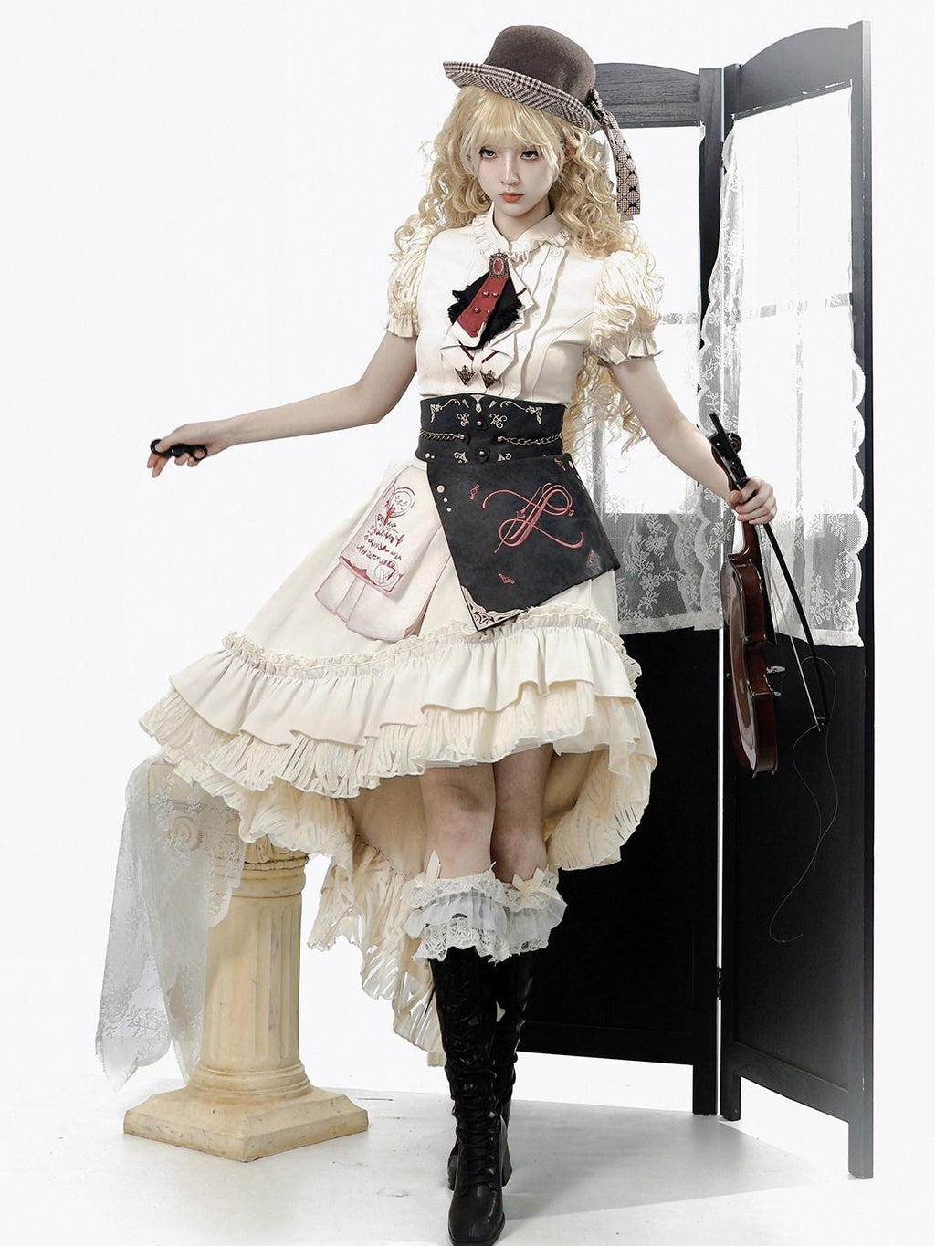 Jing Mu Victorian Gothic Lolita Lapel A Line Waist Corset Women's Skirt Sets