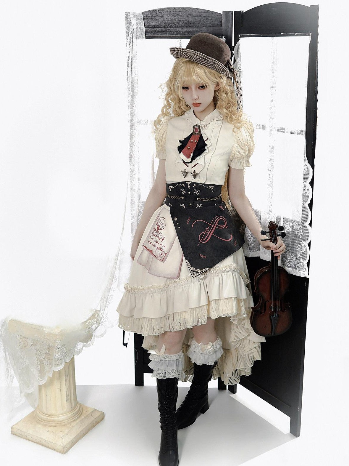 Jing Mu Victorian Gothic Lolita Lapel A Line Waist Corset Women's Skirt Sets