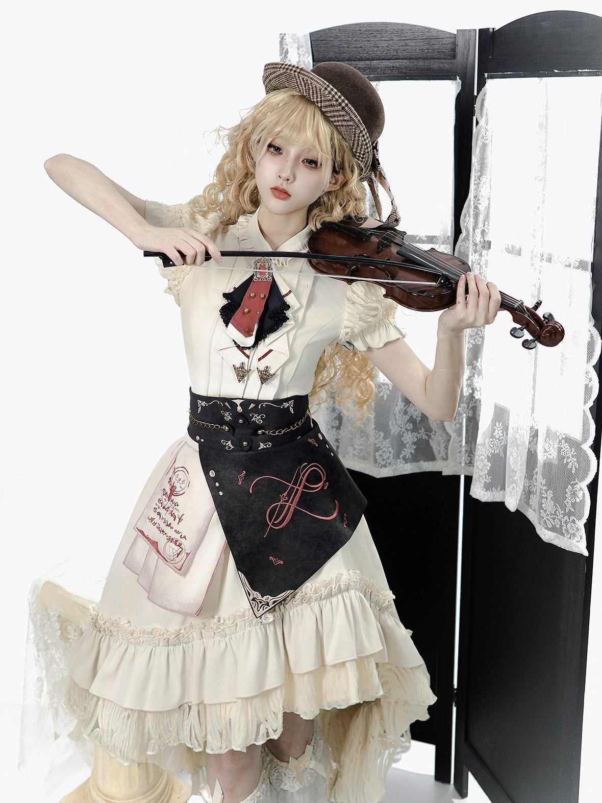 Jing Mu Victorian Gothic Lolita Lapel A Line Waist Corset Women's Skirt Sets