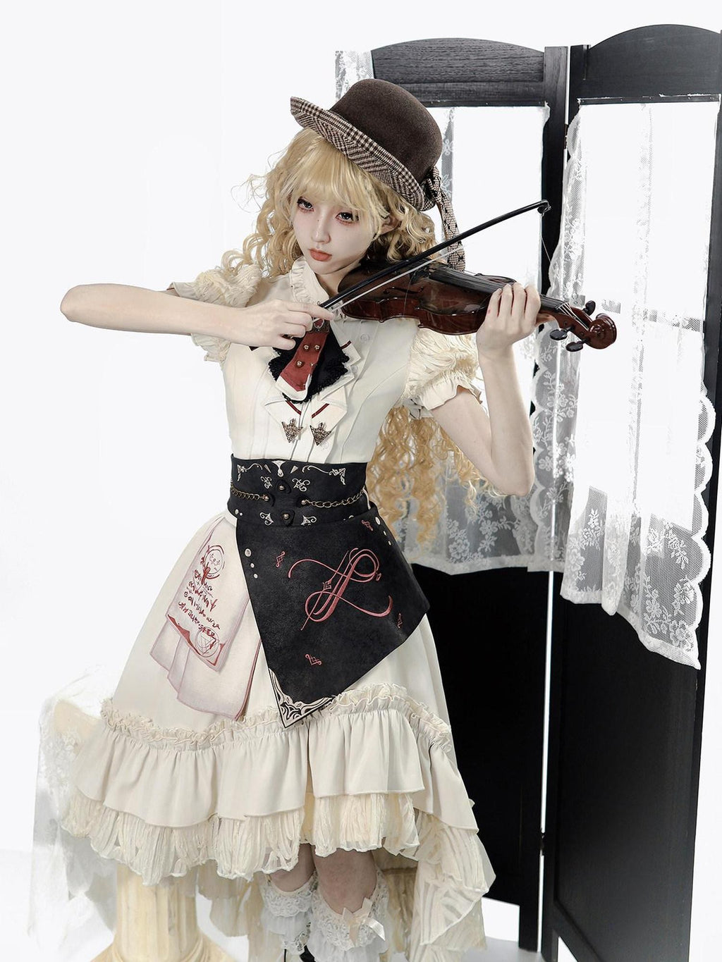 Jing Mu Victorian Gothic Lolita Lapel A Line Waist Corset Women's Skirt Sets