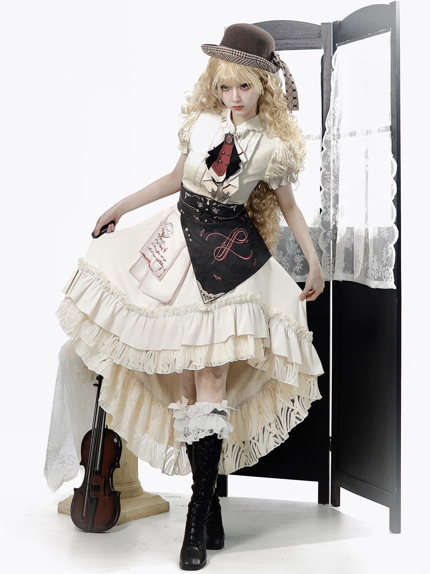 Jing Mu Victorian Gothic Lolita Lapel A Line Waist Corset Women's Skirt Sets