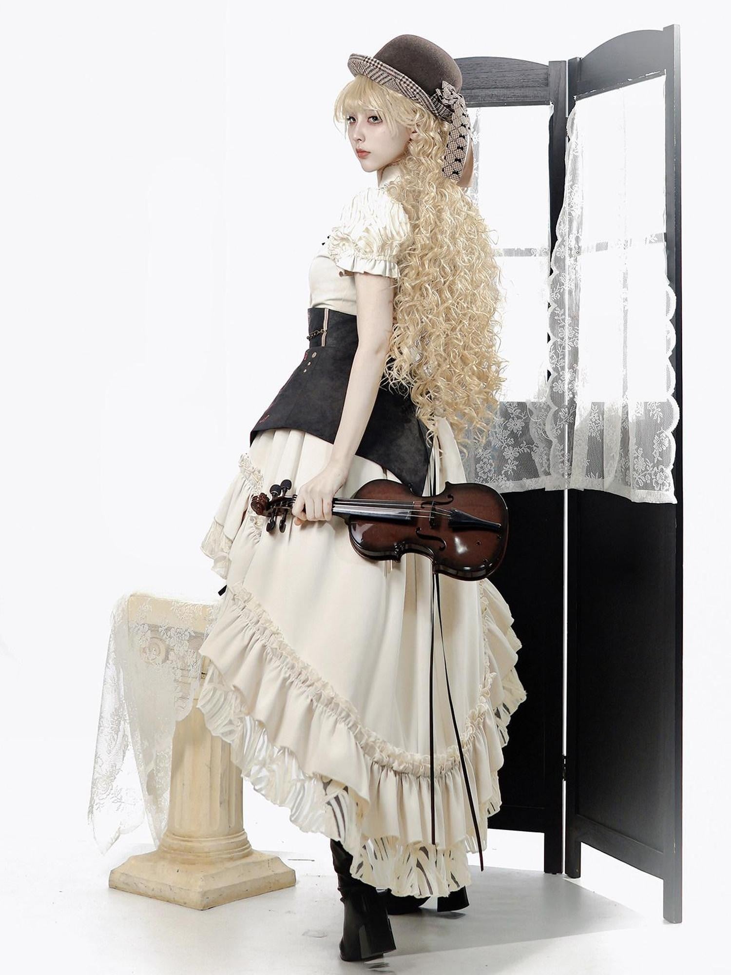 Jing Mu Victorian Gothic Lolita Lapel A Line Waist Corset Women's Skirt Sets