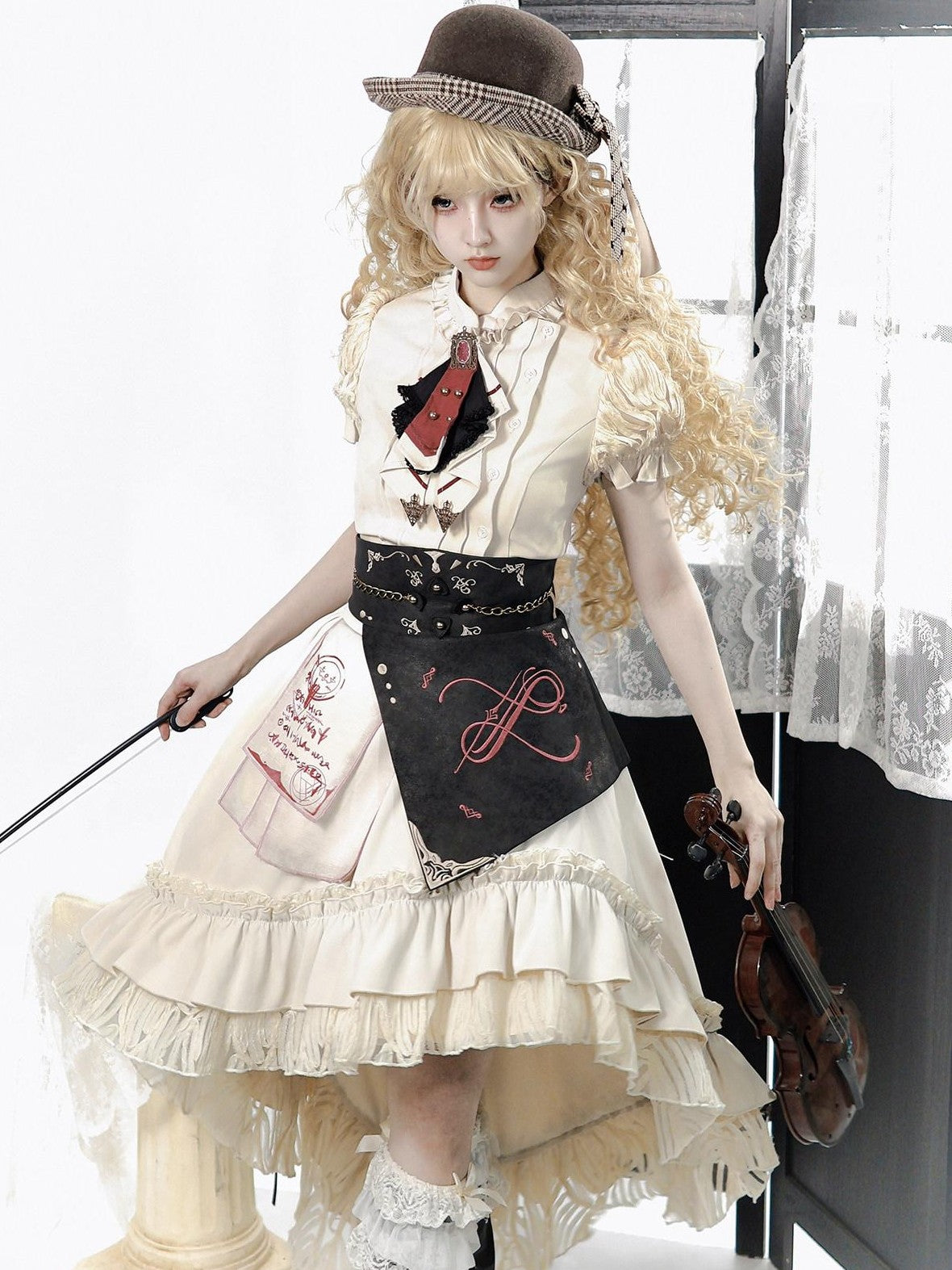 Jing Mu Victorian Gothic Lolita Lapel A Line Waist Corset Women's Skirt Sets